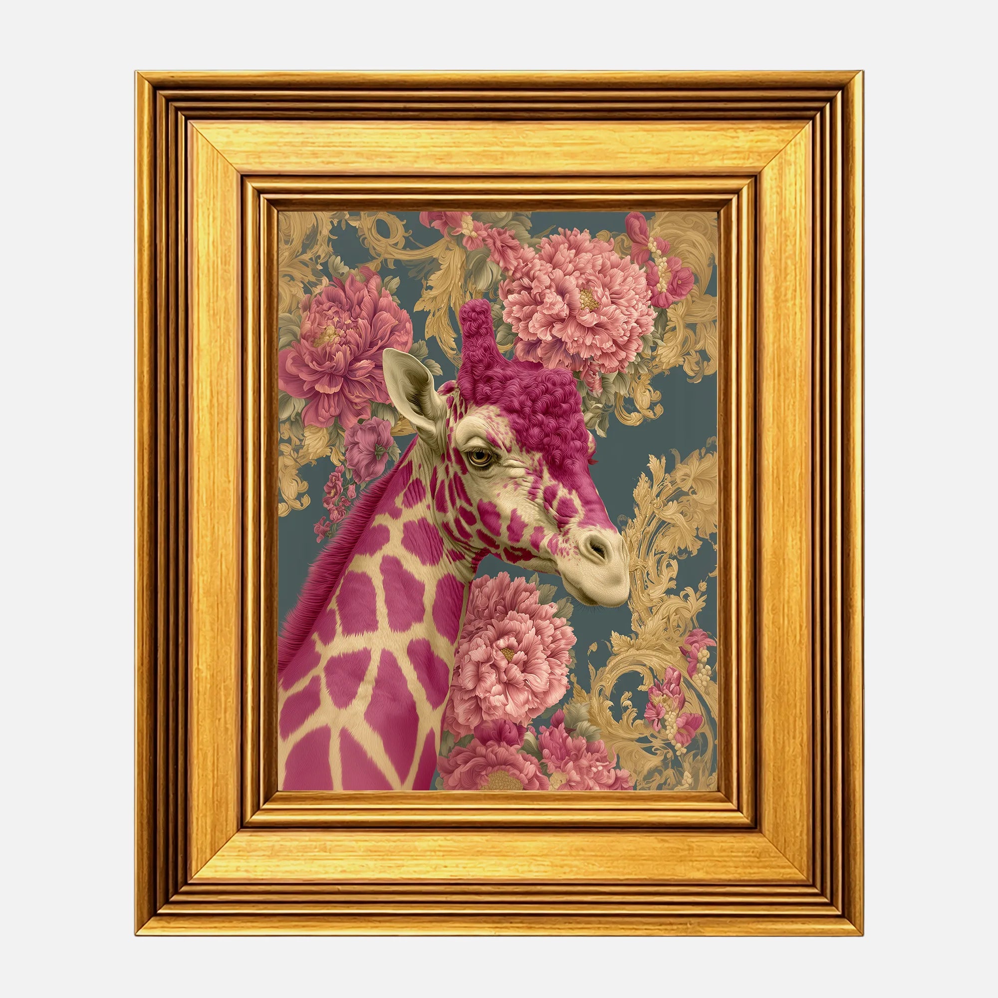 Giraffe in Pink Peonies framed wall art in a burnished antique gold frame, 8 x 10 inch print size with 11.5 x 13.5 inch framed dimensions.
