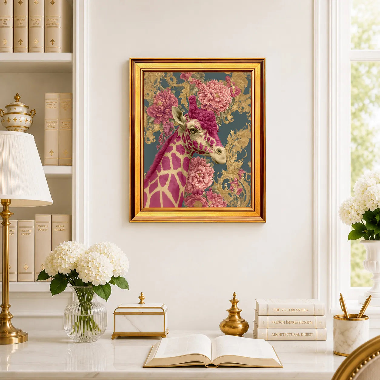Giraffe in Pink Peonies framed wall art displayed above a traditional desk with peonies, books, brass decor, and a burnished antique gold frame.