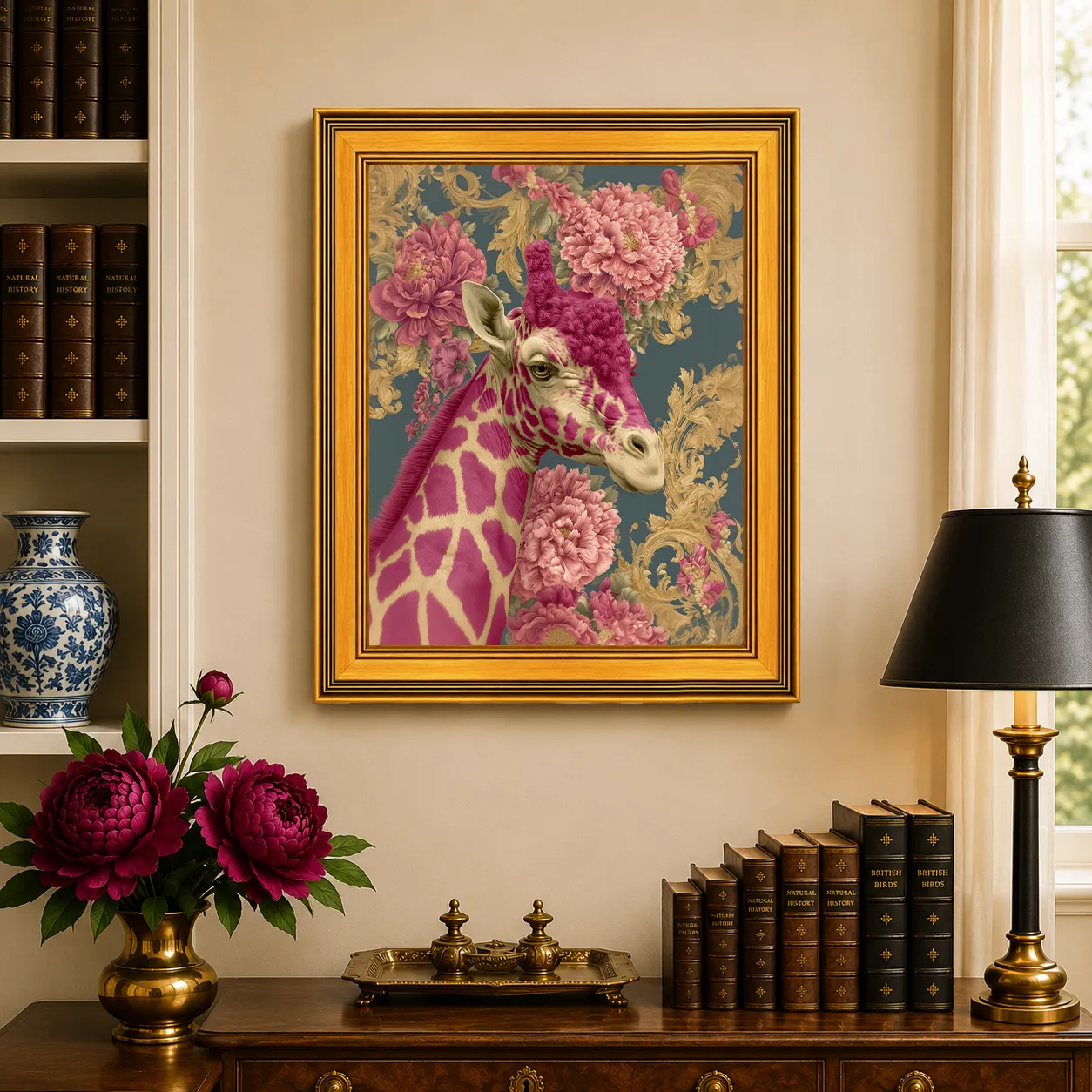 Large Giraffe in Pink Peonies framed wall art displayed in a traditional study with peonies, antique books, brass accents, and a burnished antique gold frame.