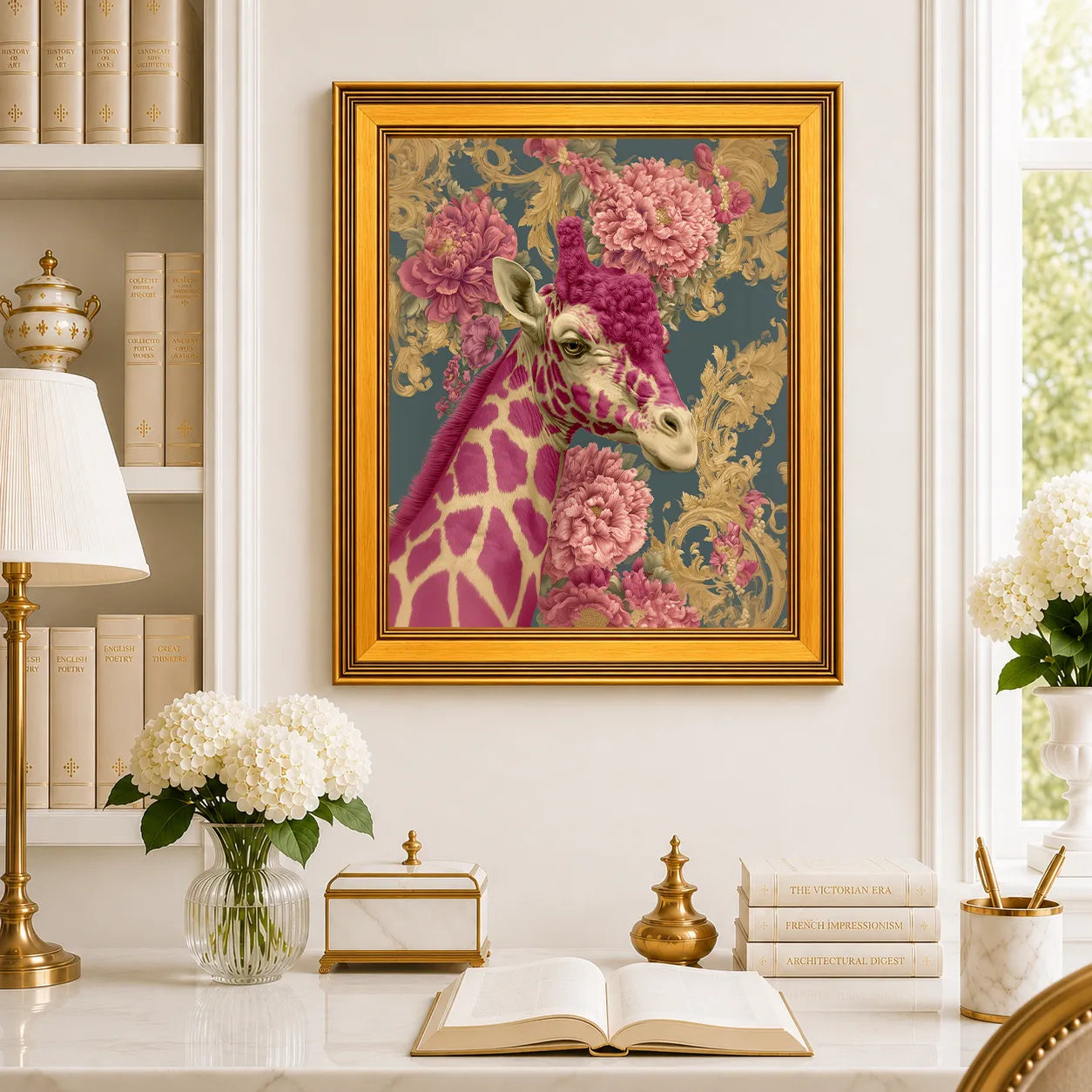 Large Giraffe in Pink Peonies framed wall art displayed in a traditional study with peonies, antique books, brass accents, and a burnished antique gold frame.