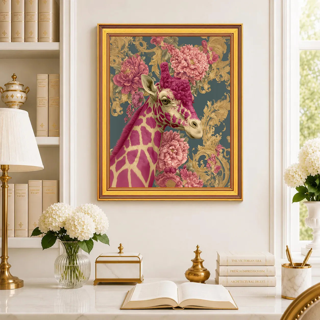 Large Giraffe in Pink Peonies framed wall art displayed in a traditional study with peonies, antique books, brass accents, and a burnished antique gold frame.