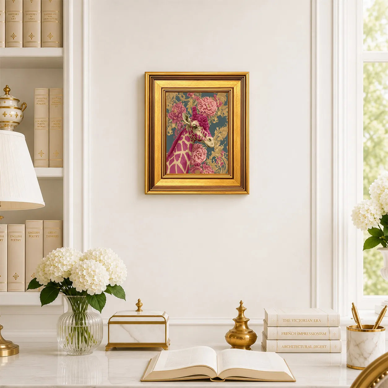 Small Giraffe in Pink Peonies framed wall art displayed in an elegant traditional study with antique books, peonies, brass accents, and a burnished antique gold frame.