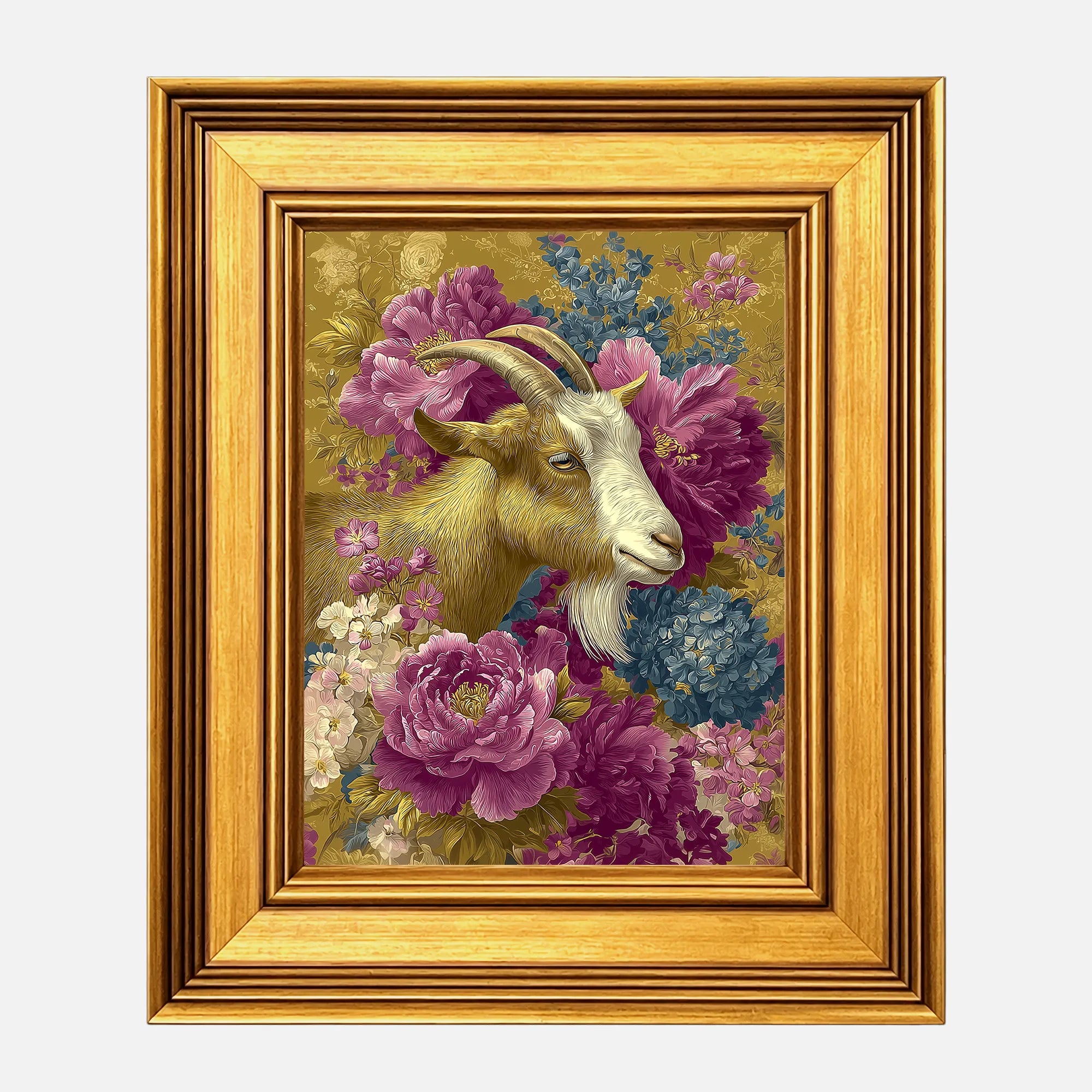 Goat in Jewel Peonies framed wall art in a burnished antique gold frame, 8 x 10 inch print size with 11.5 x 13.5 inch framed dimensions.