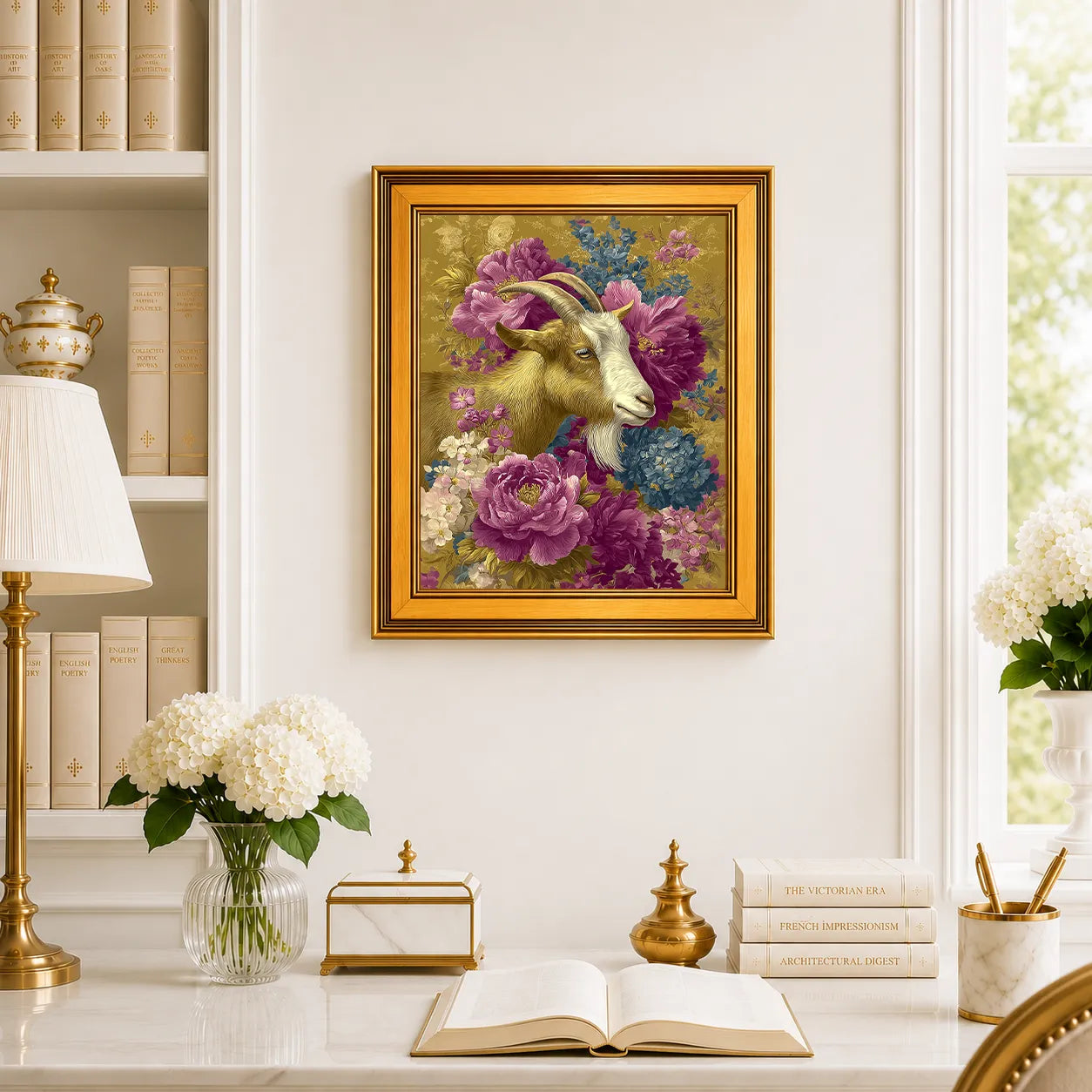 Goat in Jewel Peonies framed wall art displayed above a traditional desk with peonies, books, brass decor, and a burnished antique gold frame.