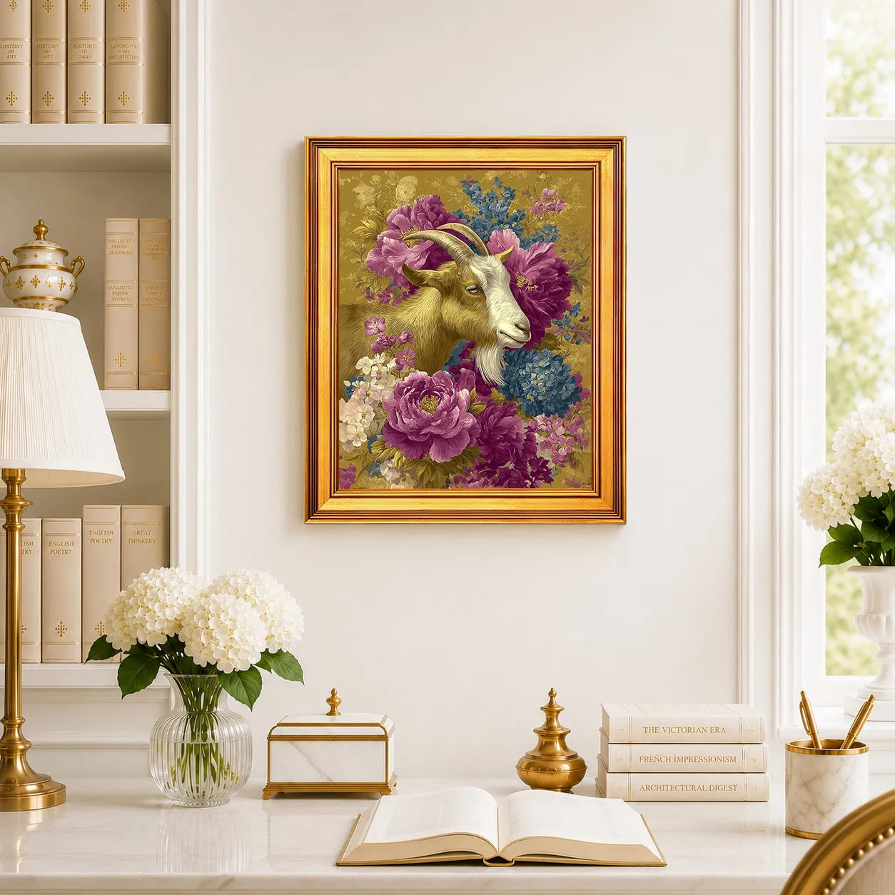 Goat in Jewel Peonies framed wall art displayed above a traditional desk with peonies, books, brass decor, and a burnished antique gold frame.