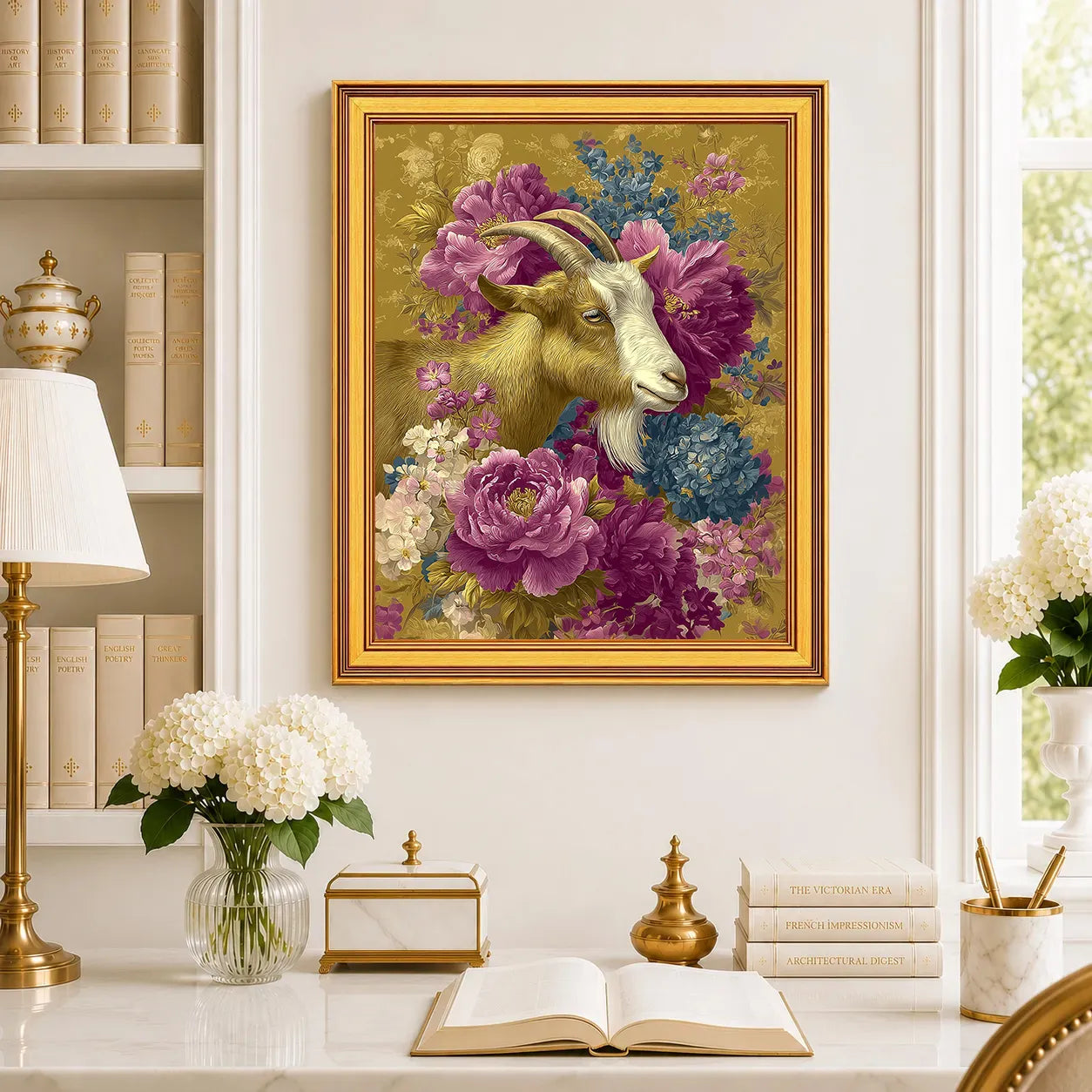 Large Goat in Jewel Peonies framed wall art displayed in a traditional study with peonies, antique books, brass accents, and a burnished antique gold frame.