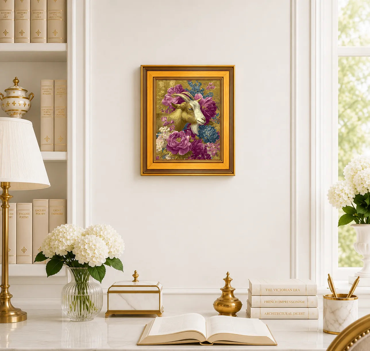 Small Goat in Jewel Peonies framed wall art displayed in an elegant traditional study with antique books, peonies, brass accents, and a burnished antique gold frame.