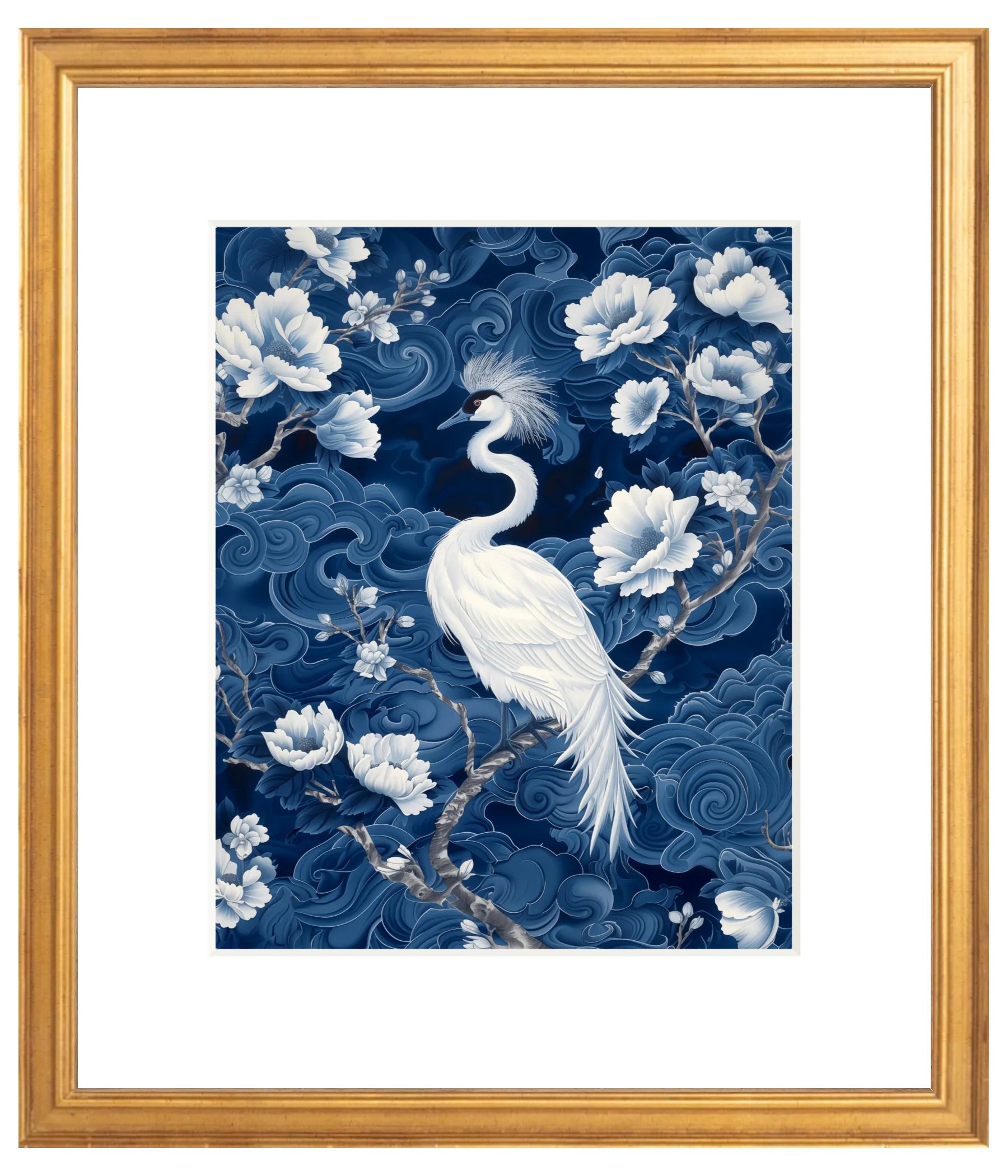 Framed 8" x 10" matted artwork of a white crane and floral design on a blue background, front view