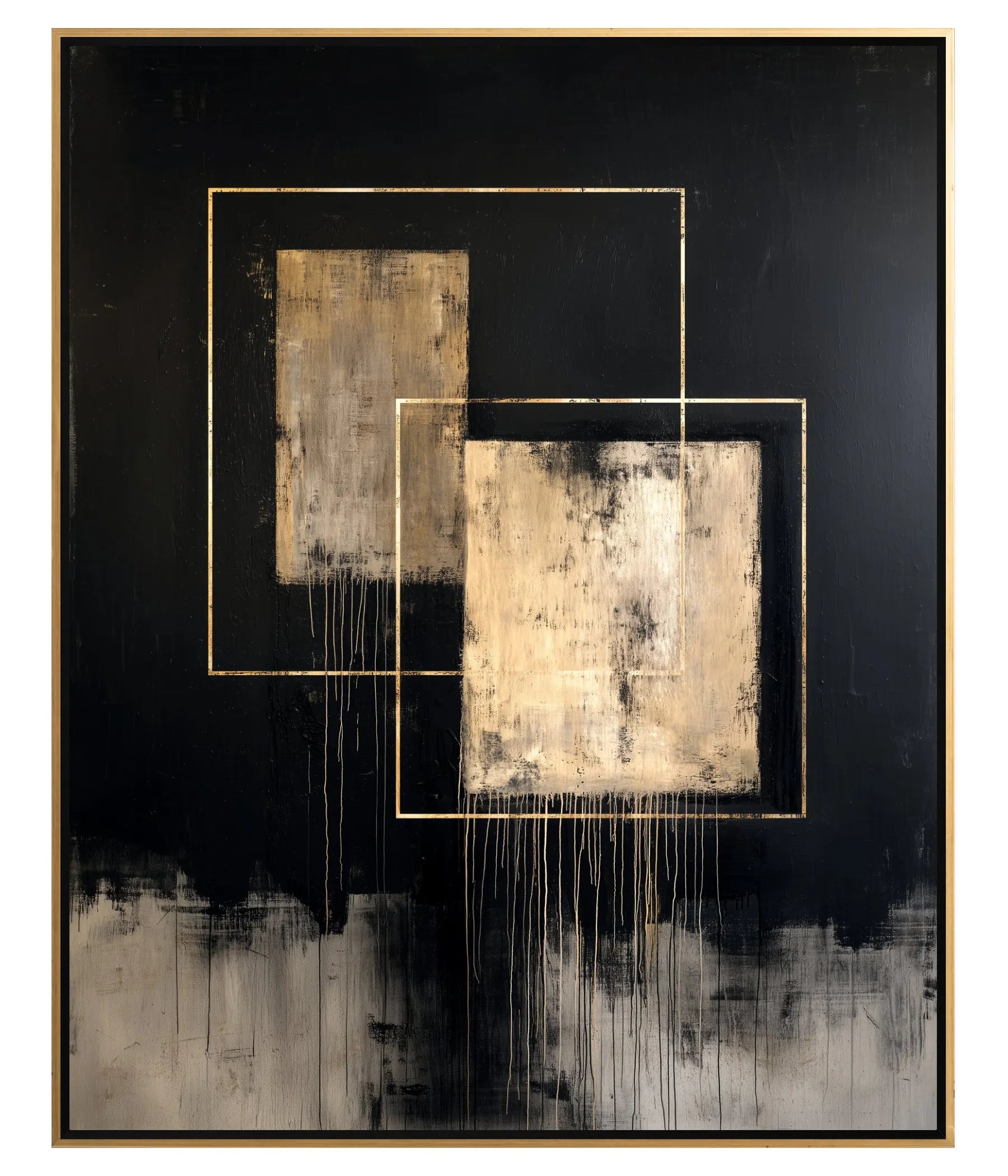Front-facing view of a black minimalist abstract canvas with layered neutral and gold-toned rectangular shapes, finished in a black floating frame with a thin gold rim.