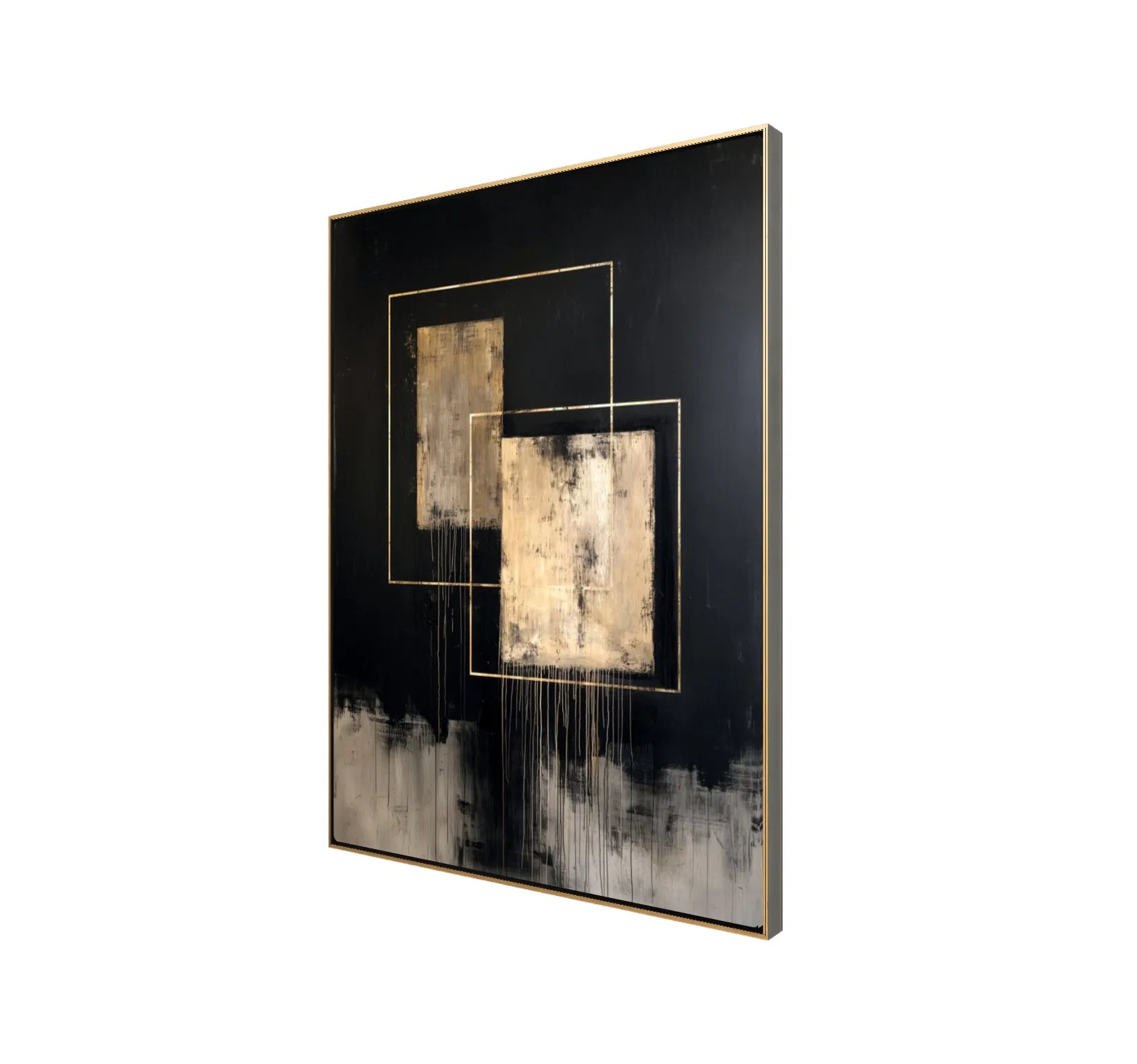 Angled view of an oversized black abstract canvas featuring layered neutral textures and gold-toned geometric outlines, presented in a deep black floating frame with gold trim.