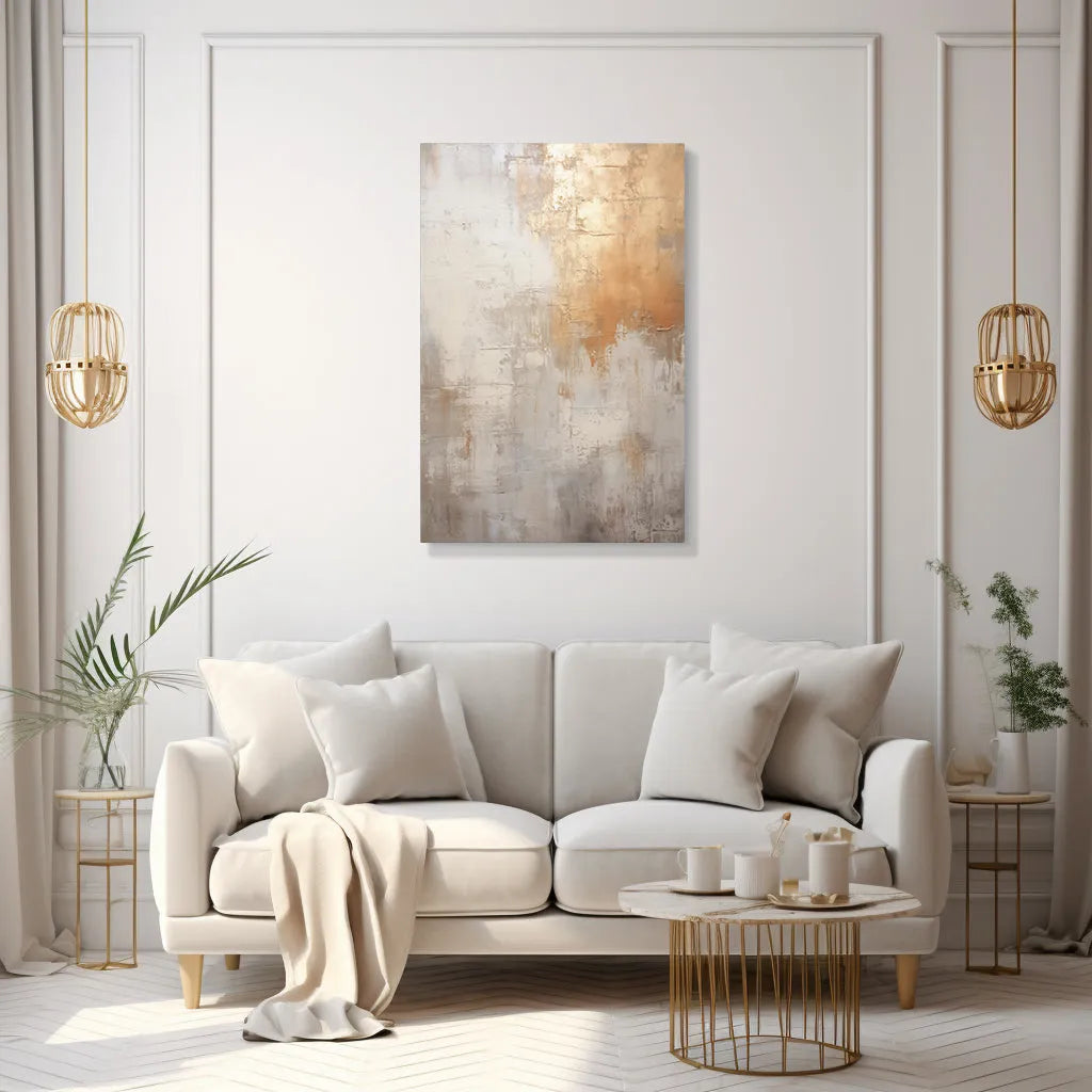 Modern living room with a white sofa, gold coffee table, and abstract painting.