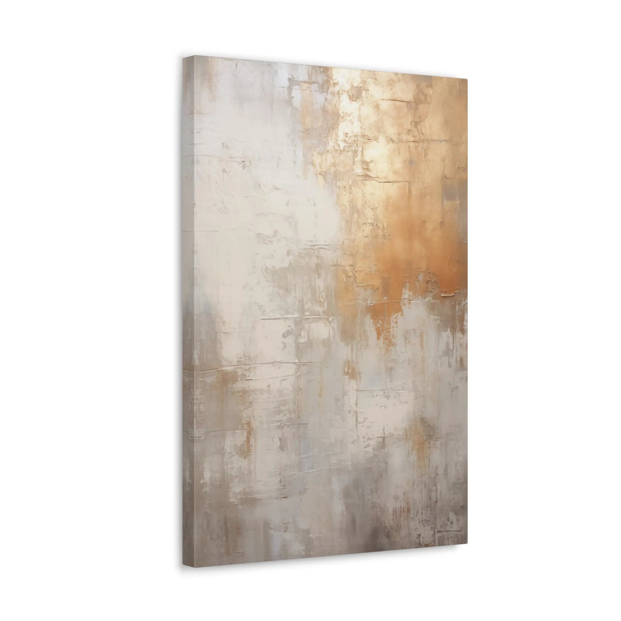 Abstract art canvas with gold and beige tones on a white background side view