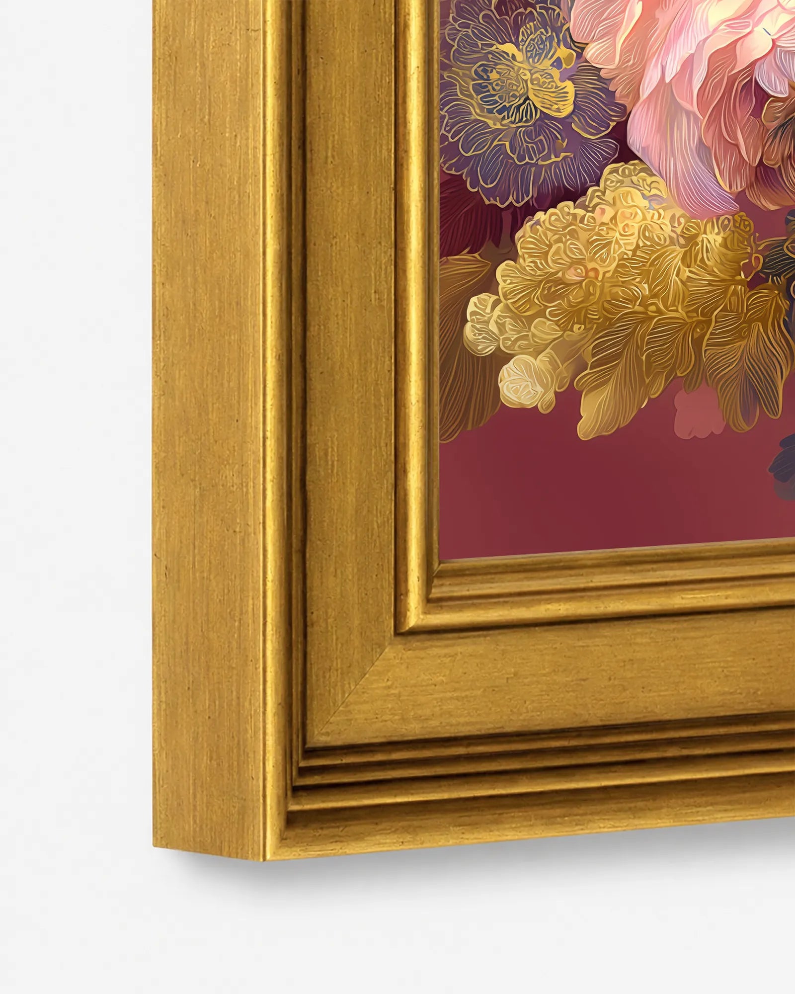 Close-up detail of the burnished antique gold wood frame used for Golden Peony Bouquet framed wall art, showing the profile, finish, and craftsmanship.