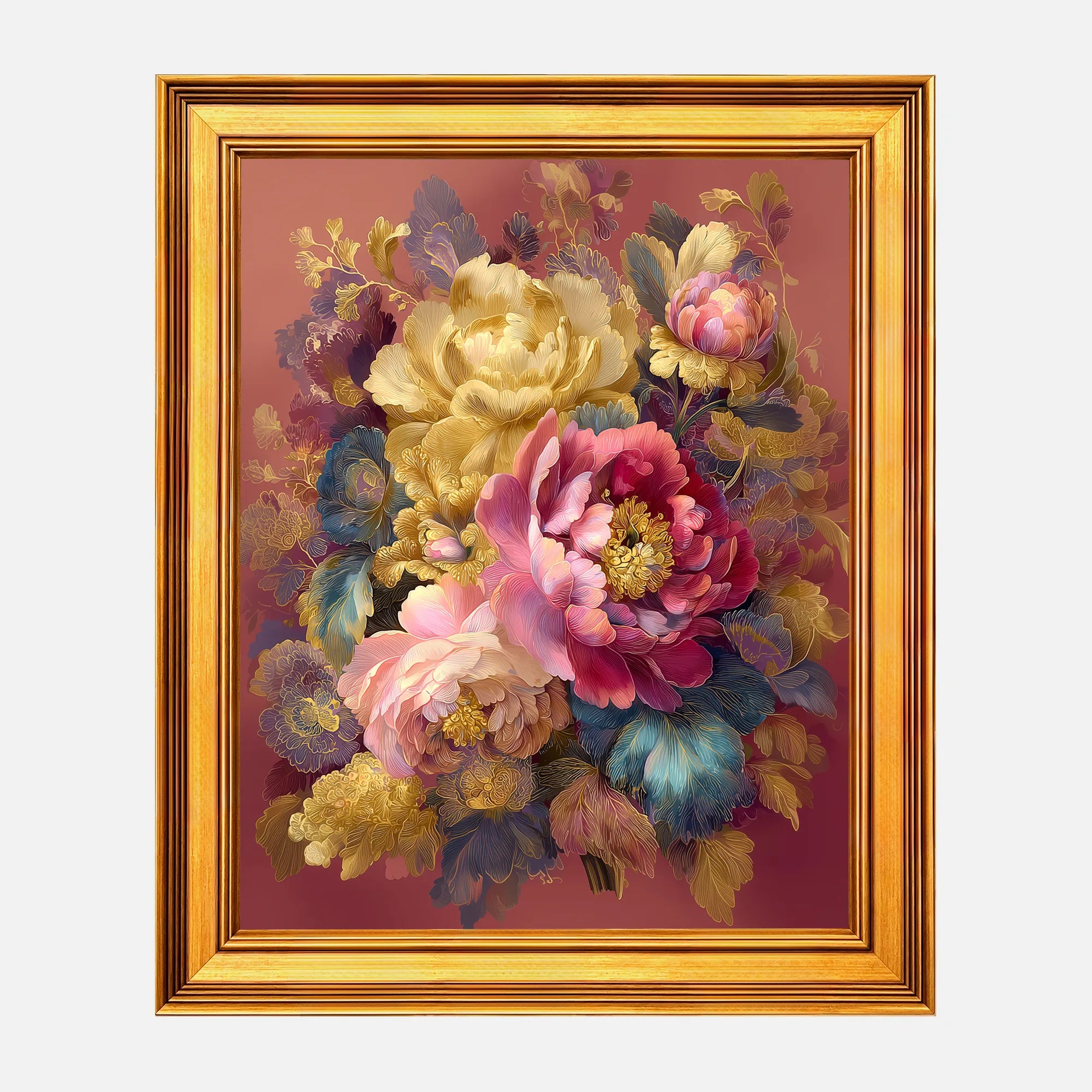 Golden Peony Bouquet framed wall art in a burnished antique gold frame, 16 x 20 inch print size with 19.5 x 23.5 inch framed dimensions.