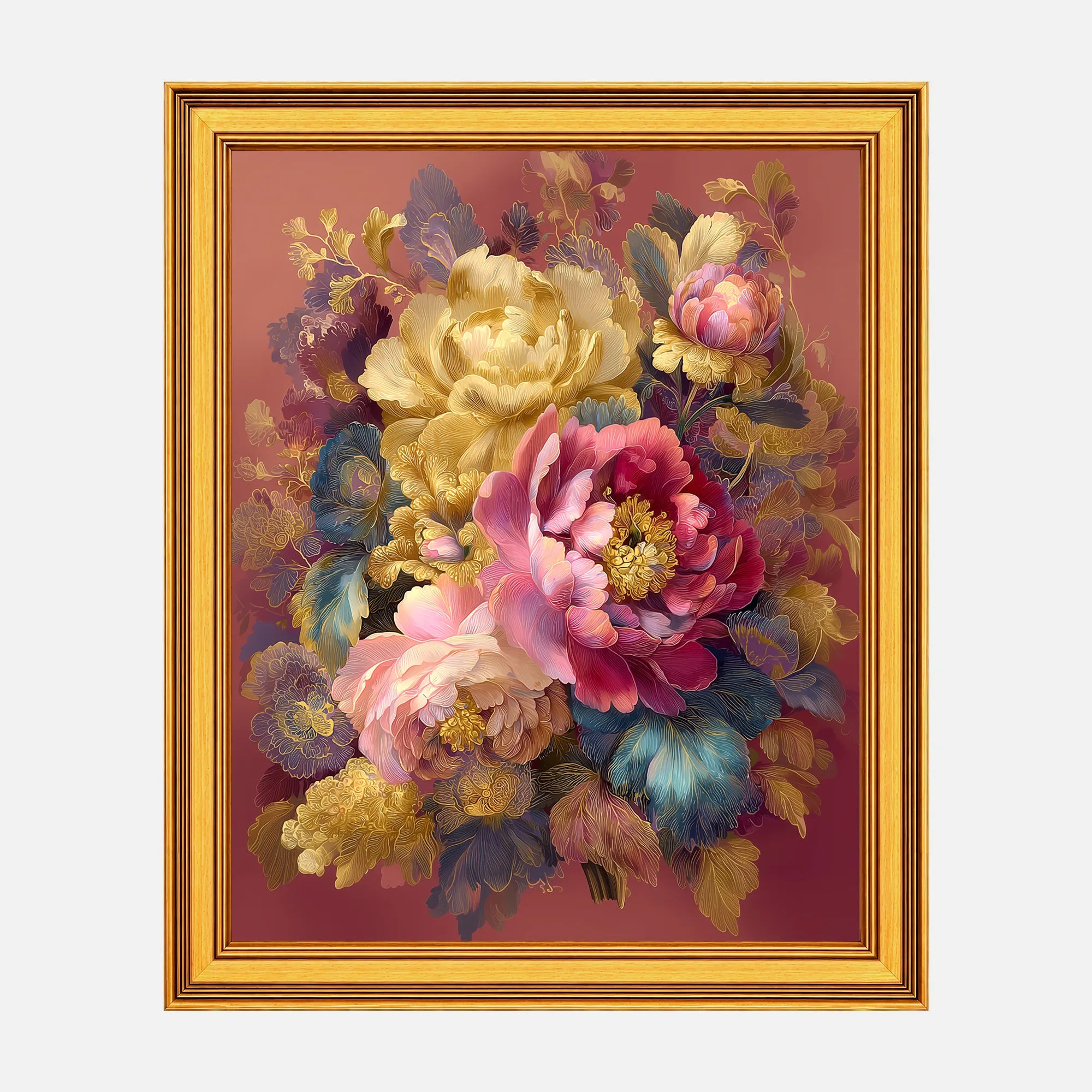 Golden Peony Bouquet framed fine art print in a burnished antique gold frame, 20 x 25 inch print size with 23.5 x 28.5 inch framed dimensions.