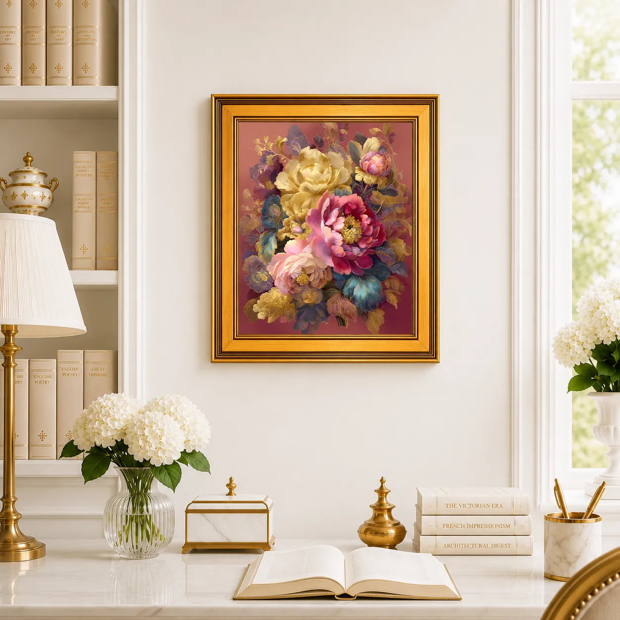 Golden Peony Bouquet framed wall art displayed above a traditional desk with peonies, books, brass decor, and a burnished antique gold frame.