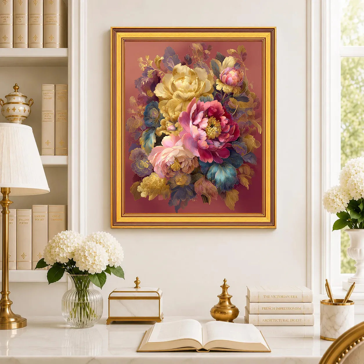 Large Golden Peony Bouquet framed wall art displayed in a traditional study with peonies, antique books, brass accents, and a burnished antique gold frame.