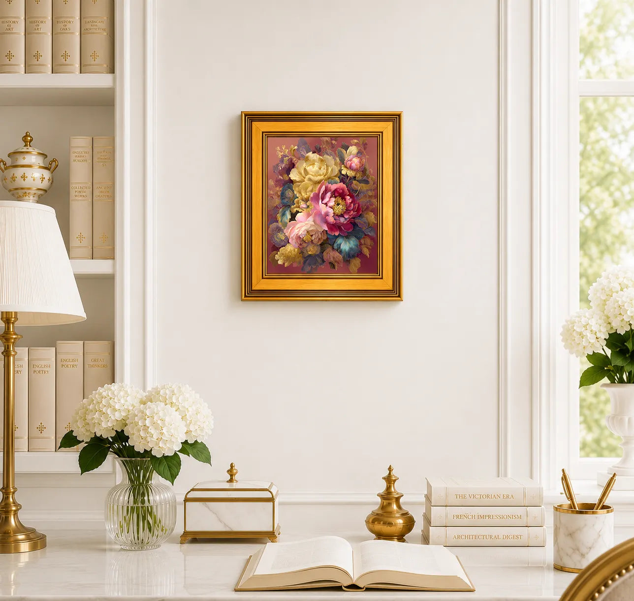Small Golden Peony Bouquet framed wall art displayed in an elegant traditional study with antique books, peonies, brass accents, and a burnished antique gold frame.