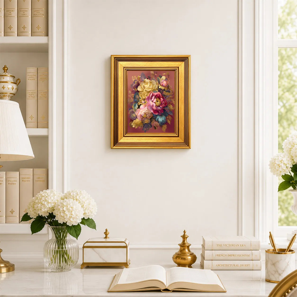 Small Golden Peony Bouquet framed wall art displayed in an elegant traditional study with antique books, peonies, brass accents, and a burnished antique gold frame.