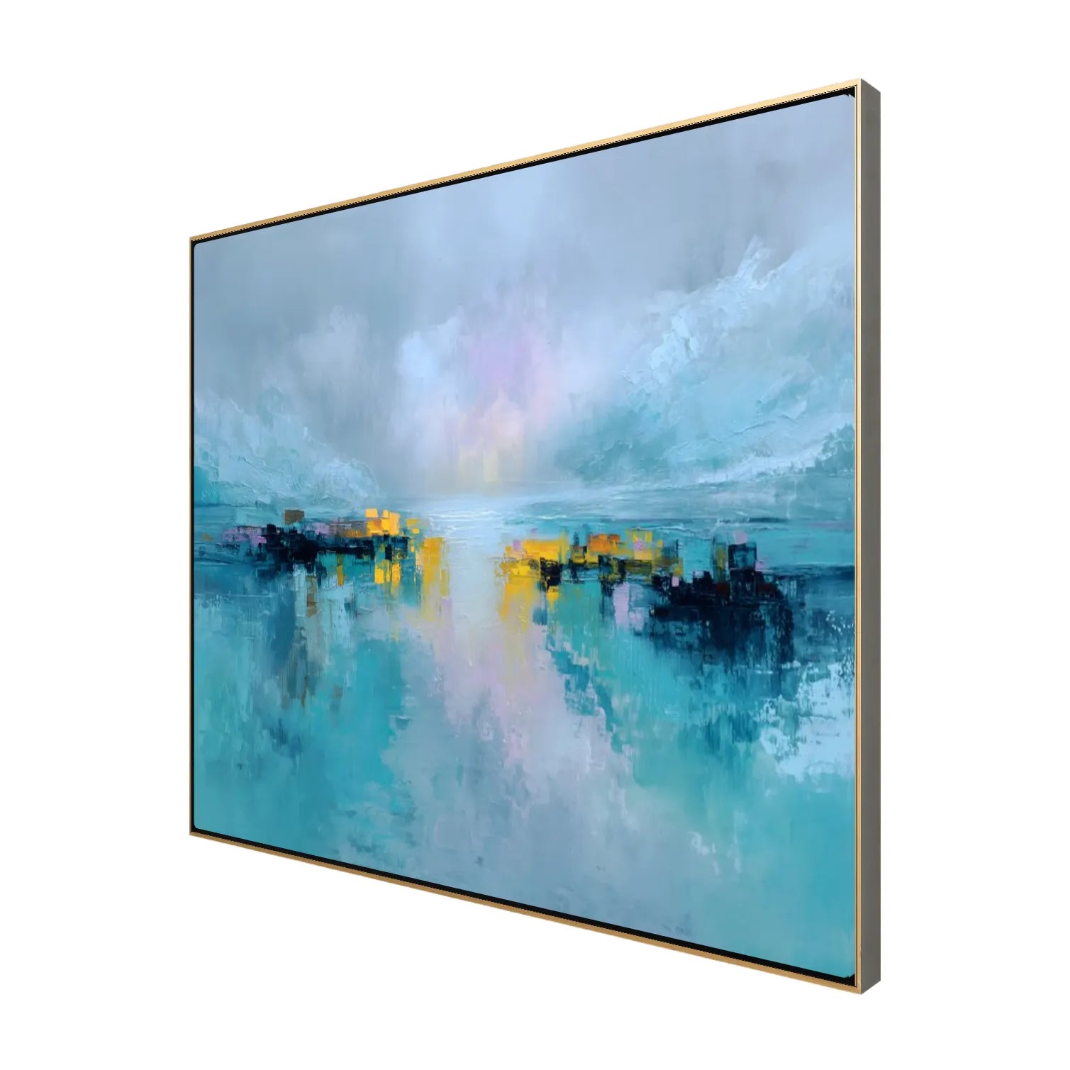 Angled side view of horizontal teal and golden abstract canvas in a black floating frame with golden rim, showing 2-inch depth