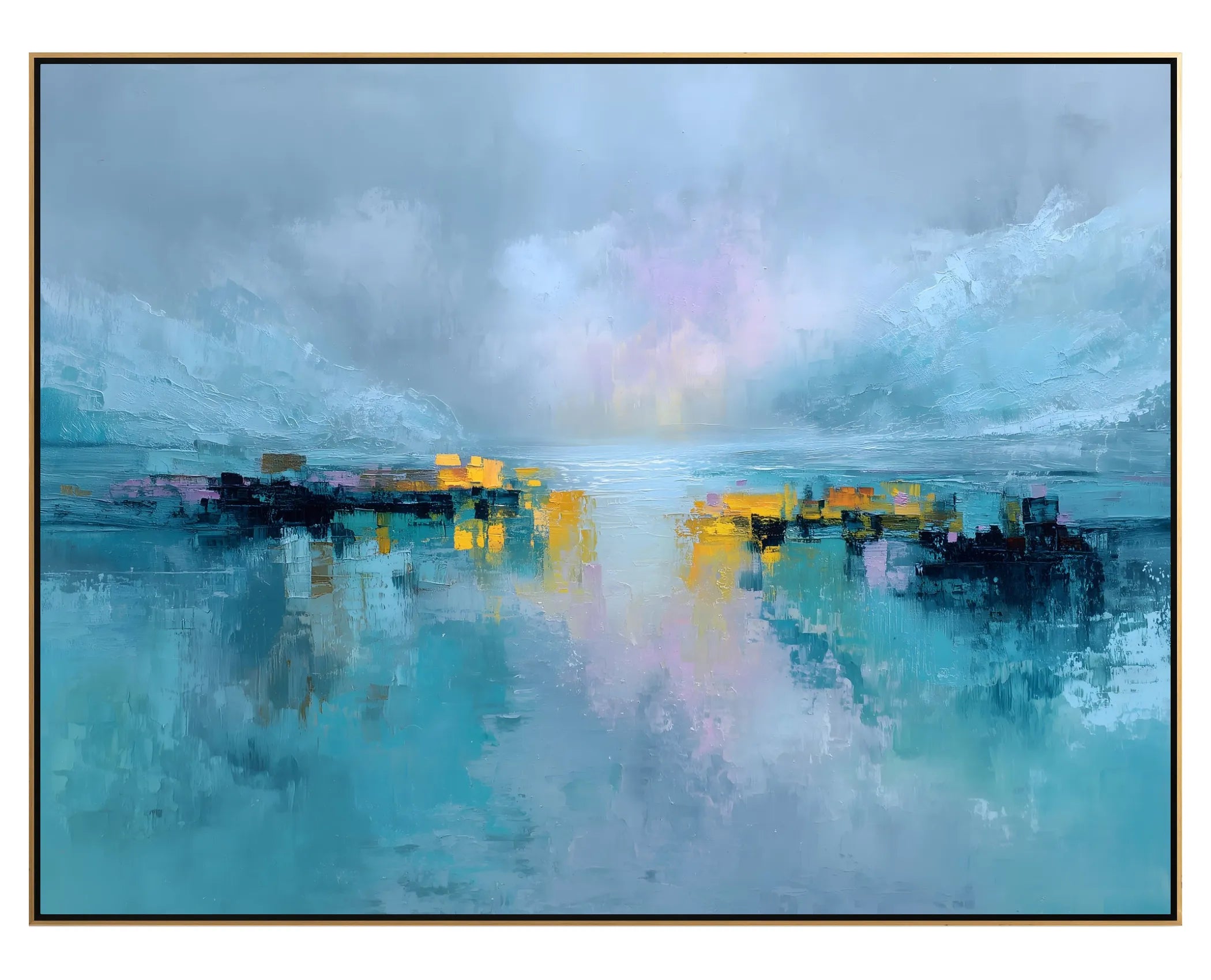 Horizontal teal and mist abstract canvas print with golden-toned accents in a black floating frame with golden rim, 50x40 inches