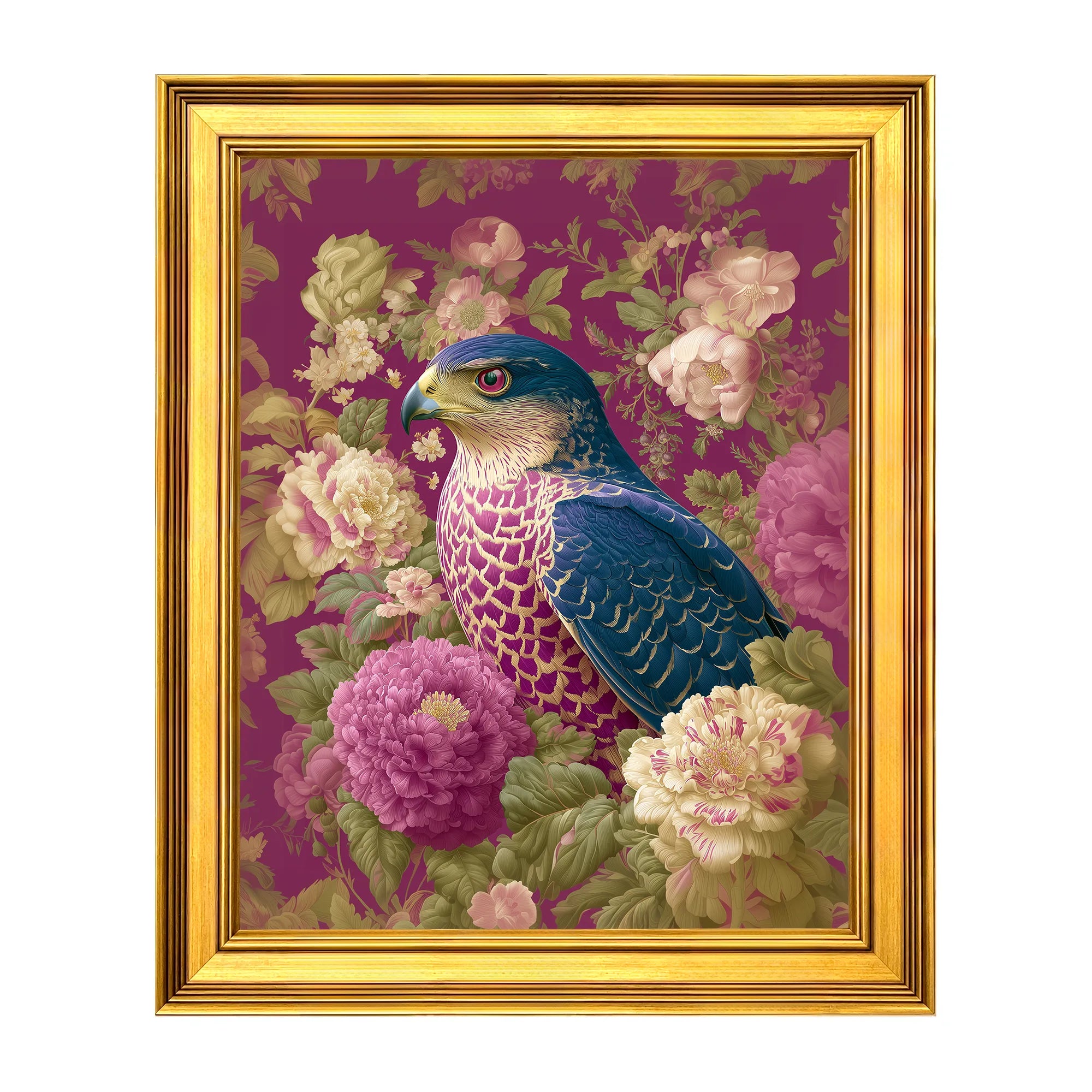 Goshawk in Plum Peonies framed bird wall art in a burnished antique gold frame, 16 x 20 inch print size with 19.5 x 23.5 inch framed dimensions.
