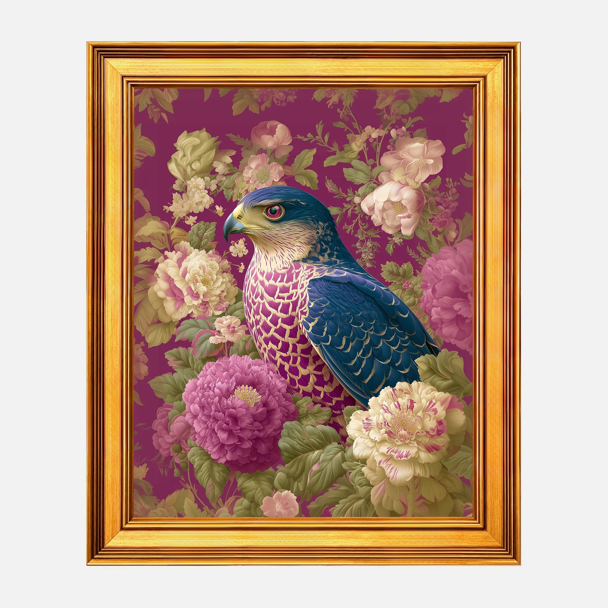Goshawk in Plum Peonies framed bird wall art in a burnished antique gold frame, 16 x 20 inch print size with 19.5 x 23.5 inch framed dimensions.