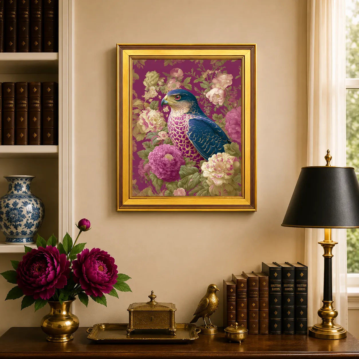 Goshawk in Plum Peonies framed bird wall art displayed above a traditional desk with peonies, books, brass décor, and a burnished antique gold frame.