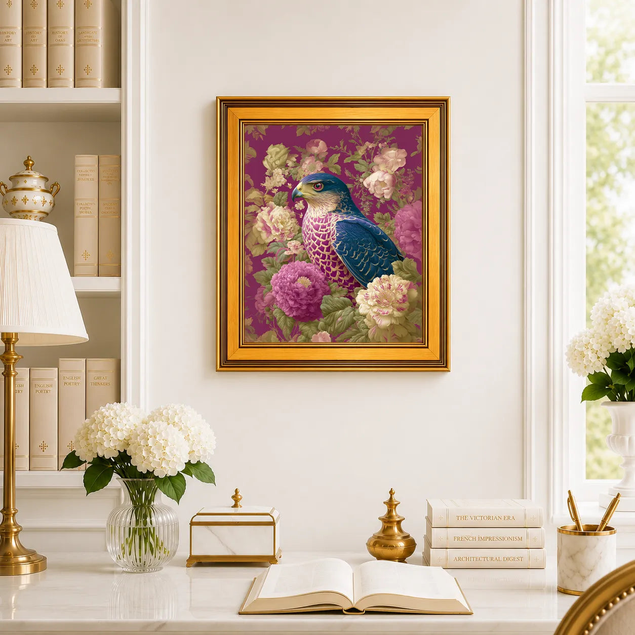 Goshawk in Plum Peonies framed bird wall art displayed above a traditional desk with peonies, books, brass décor, and a burnished antique gold frame.
