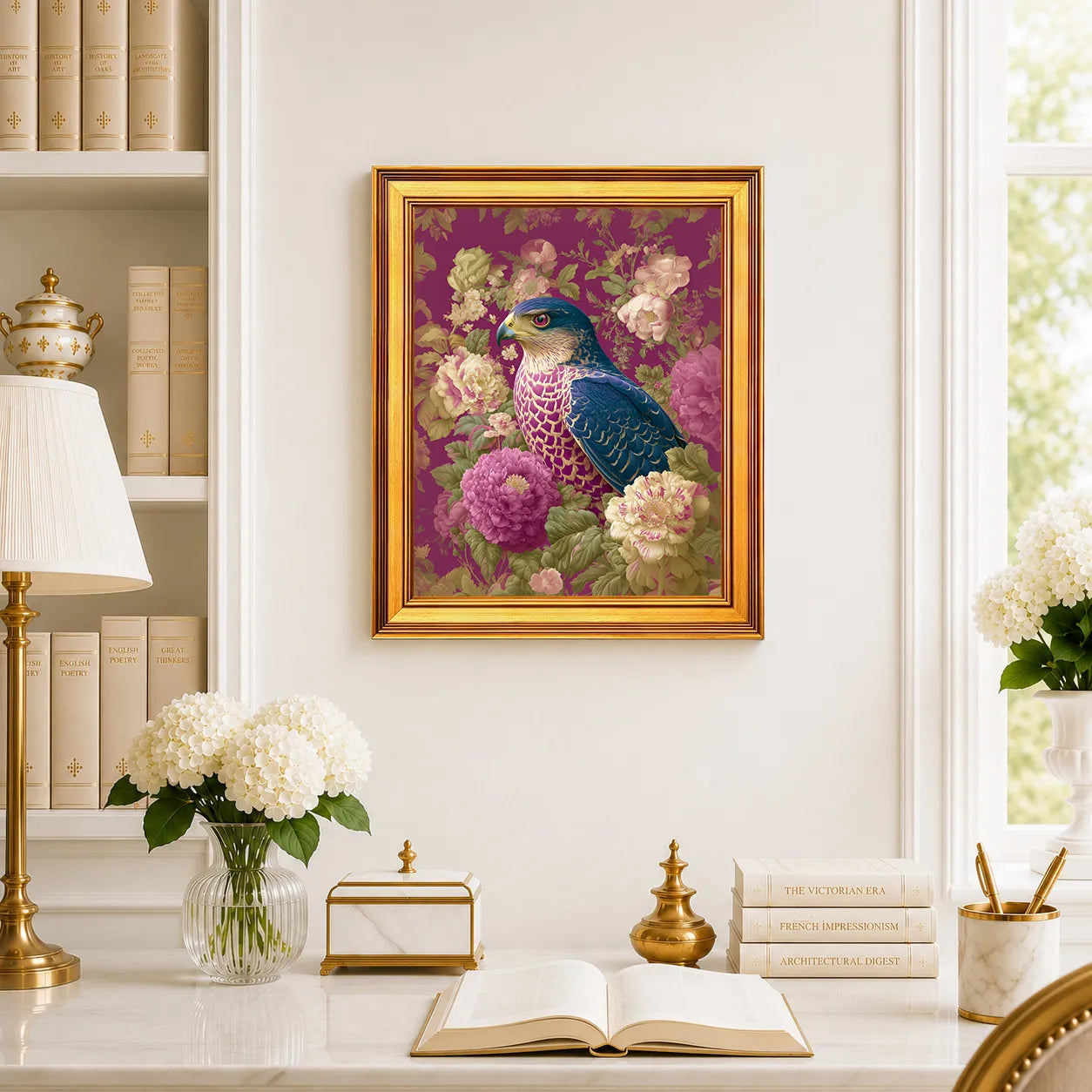 Goshawk in Plum Peonies framed bird wall art displayed above a traditional desk with peonies, books, brass décor, and a burnished antique gold frame.