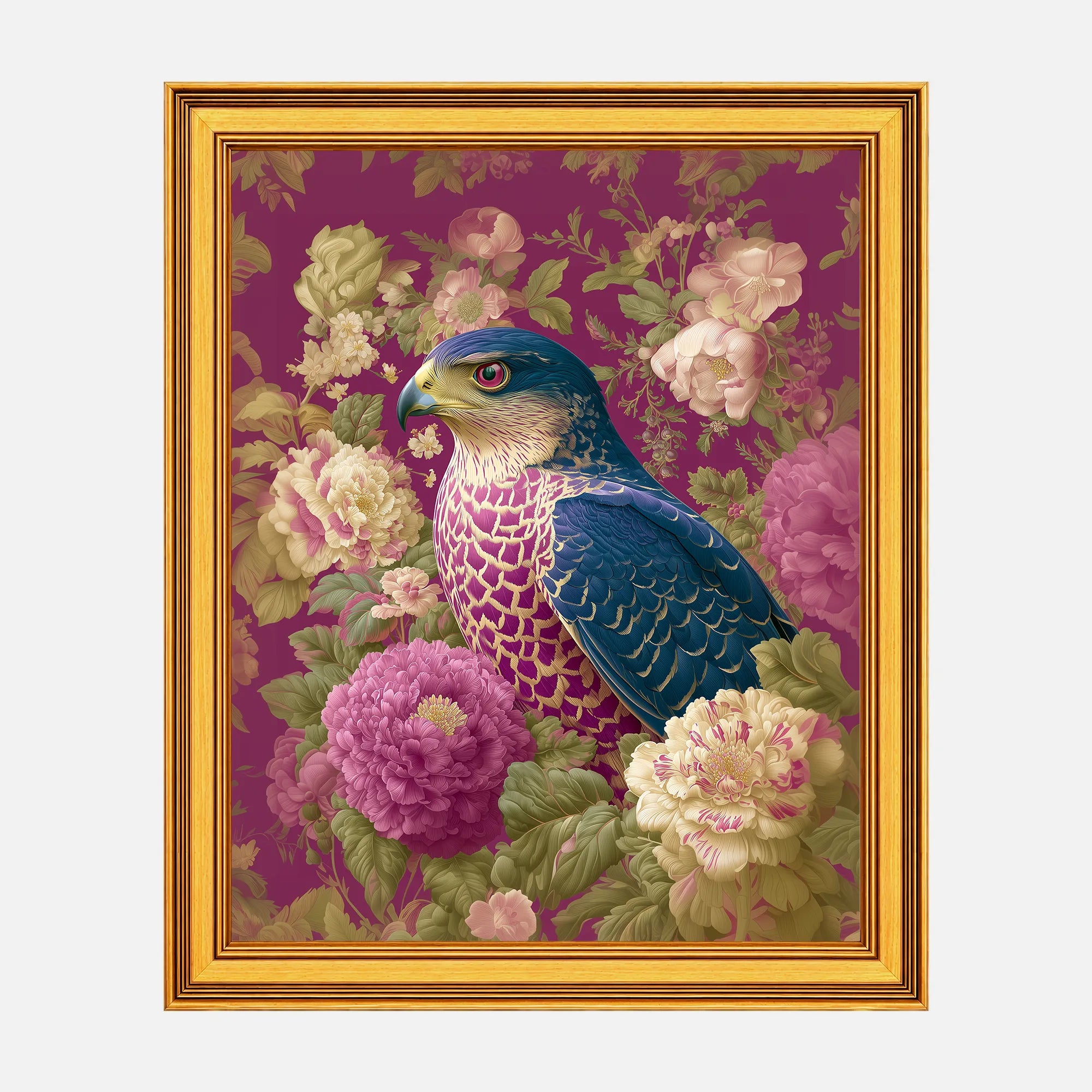 Goshawk in Plum Peonies framed bird wall art in a burnished antique gold frame, 20 x 25 inch print size with 23.5 x 28.5 inch framed dimensions.
