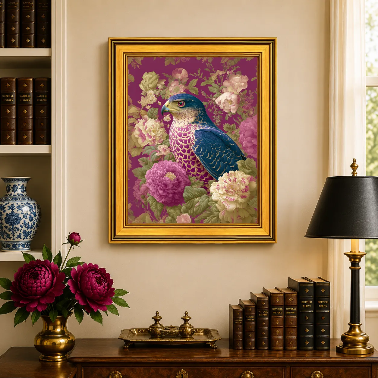 Large Goshawk in Plum Peonies framed bird wall art displayed in a classic study with peonies, antique books, brass accents, and a burnished antique gold frame.