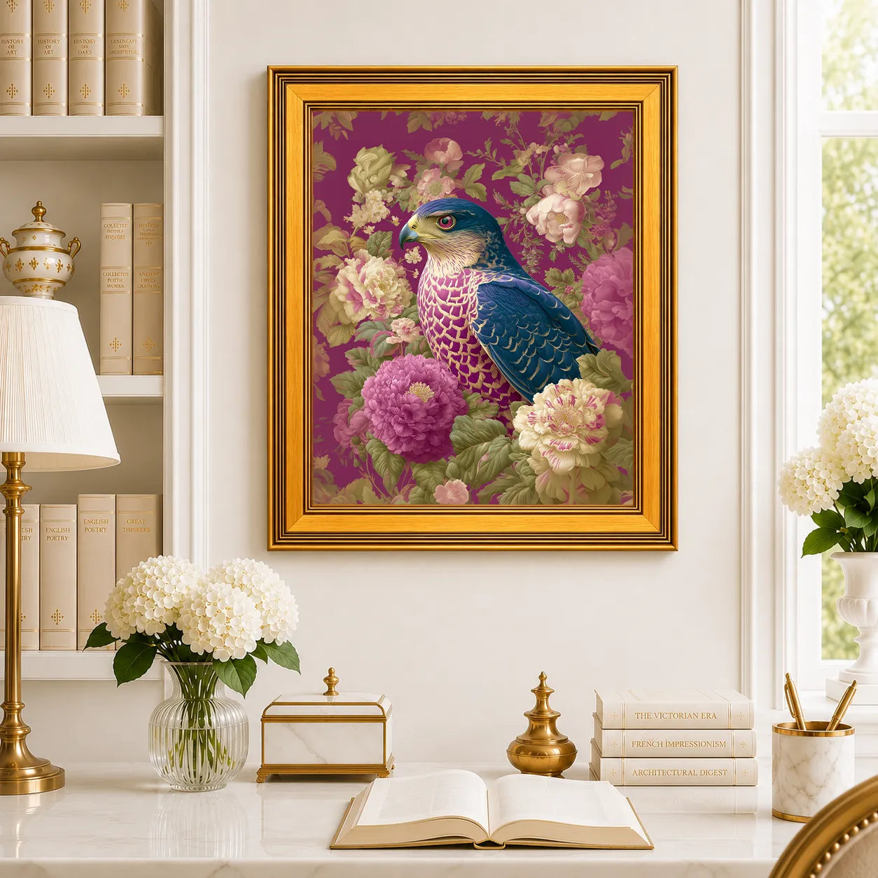Large Goshawk in Plum Peonies framed bird wall art displayed in a classic study with peonies, antique books, brass accents, and a burnished antique gold frame.