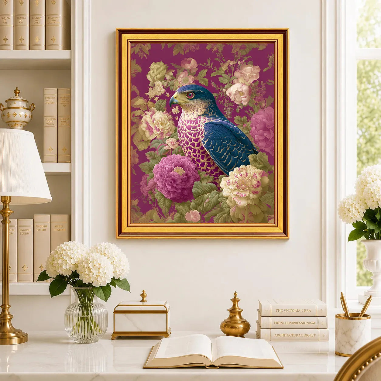 Large Goshawk in Plum Peonies framed bird wall art displayed in a classic study with peonies, antique books, brass accents, and a burnished antique gold frame.