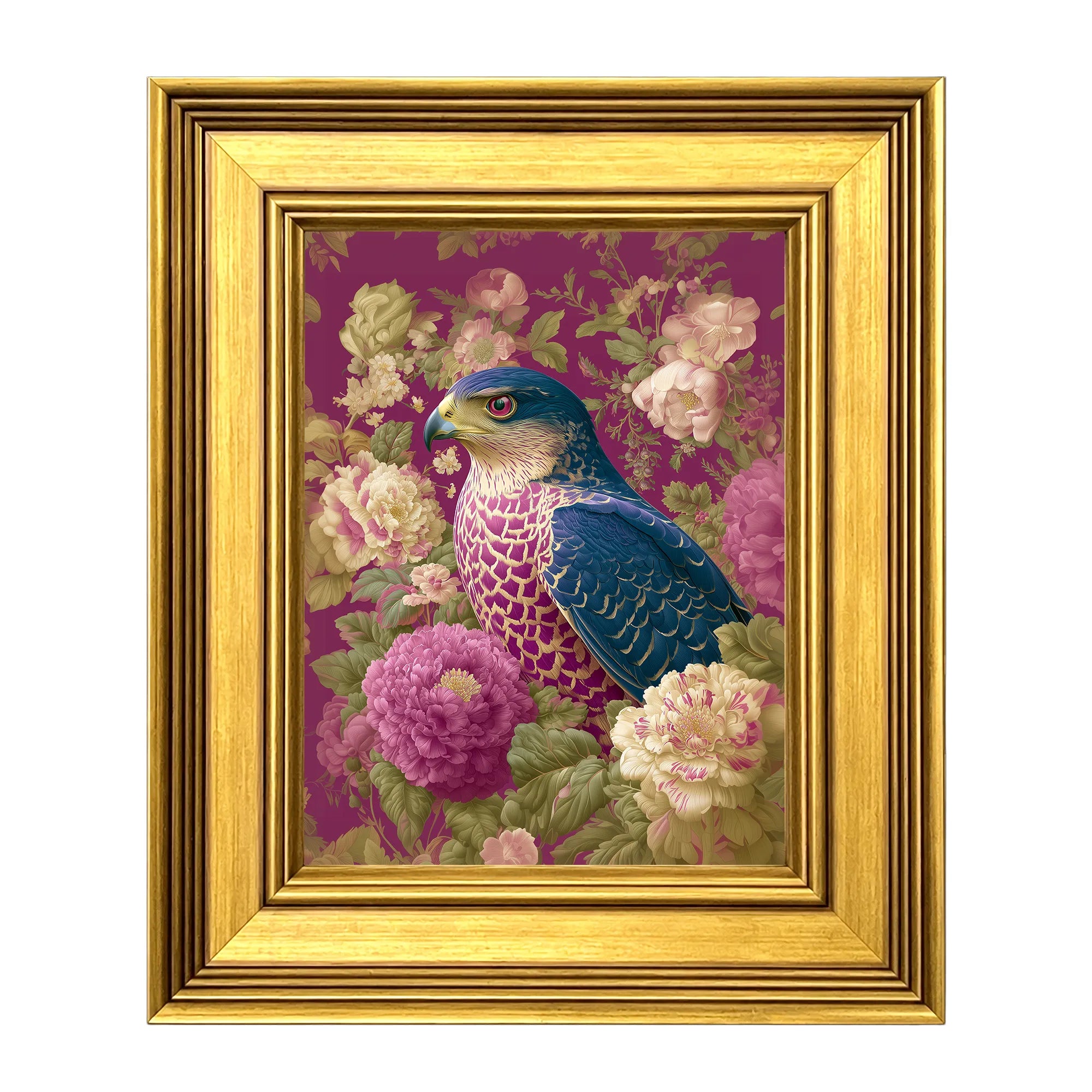 Goshawk in Plum Peonies framed bird wall art in a burnished antique gold frame, 8 x 10 inch print size with 11.5 x 13.5 inch framed dimensions.