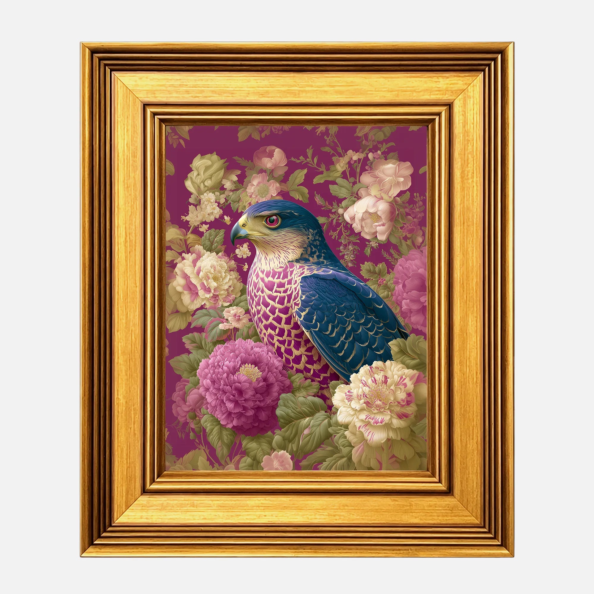 Goshawk in Plum Peonies framed bird wall art in a burnished antique gold frame, 8 x 10 inch print size with 11.5 x 13.5 inch framed dimensions.