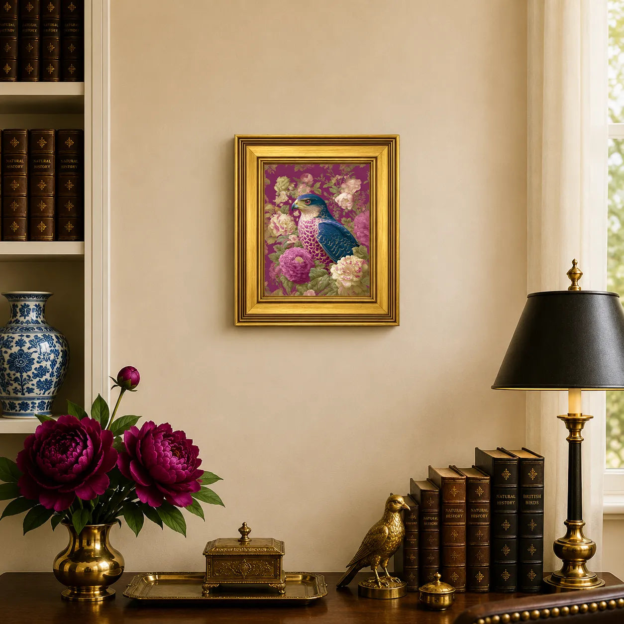 Goshawk in Plum Peonies framed bird wall art displayed in an elegant traditional study with antique books, peonies, brass accents, and a burnished antique gold frame.