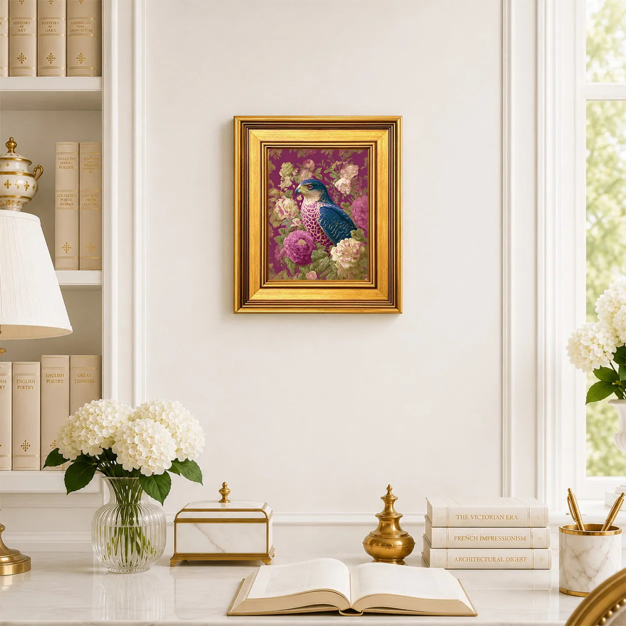 Goshawk in Plum Peonies framed bird wall art displayed in an elegant traditional study with antique books, peonies, brass accents, and a burnished antique gold frame.