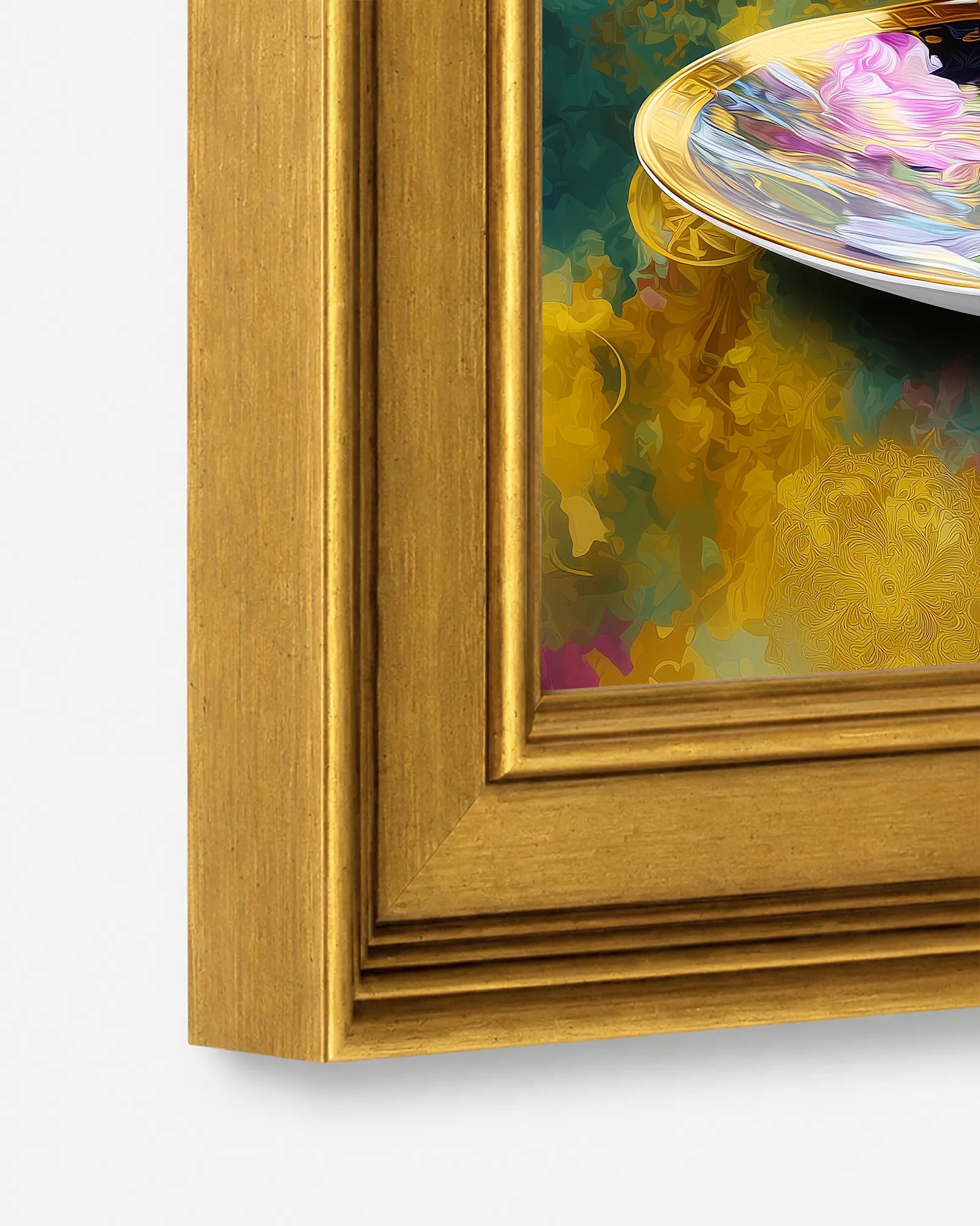 Close-up detail of the burnished antique gold wood frame used for Grandmillennial Teacup in Jewel Reverie framed wall art, showing the profile, finish, and craftsmanship.