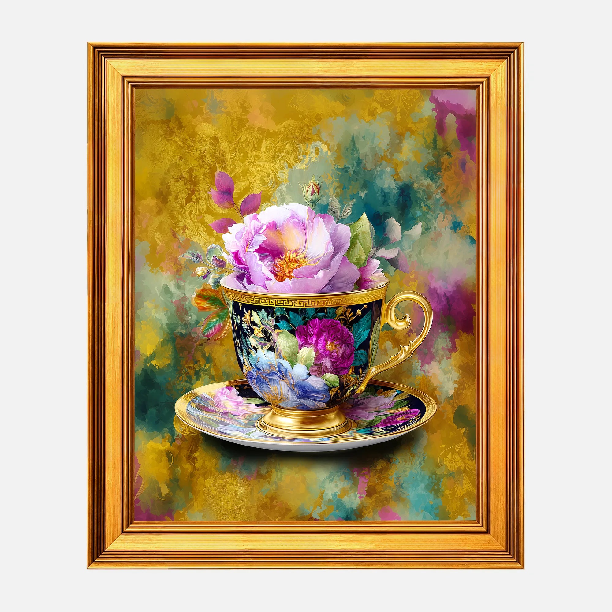 Grandmillennial Teacup in Jewel Reverie framed wall art in a burnished antique gold frame, 16 x 20 inch print size with 19.5 x 23.5 inch framed dimensions.