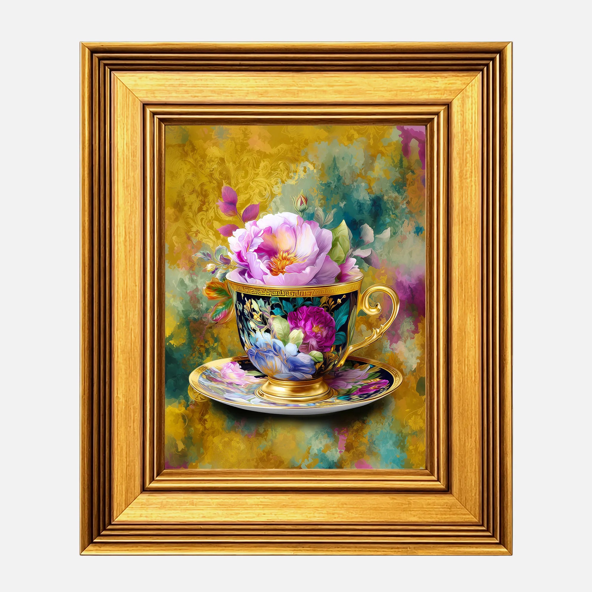 Grandmillennial Teacup in Jewel Reverie framed wall art in a burnished antique gold frame, 8 x 10 inch print size with 11.5 x 13.5 inch framed dimensions.