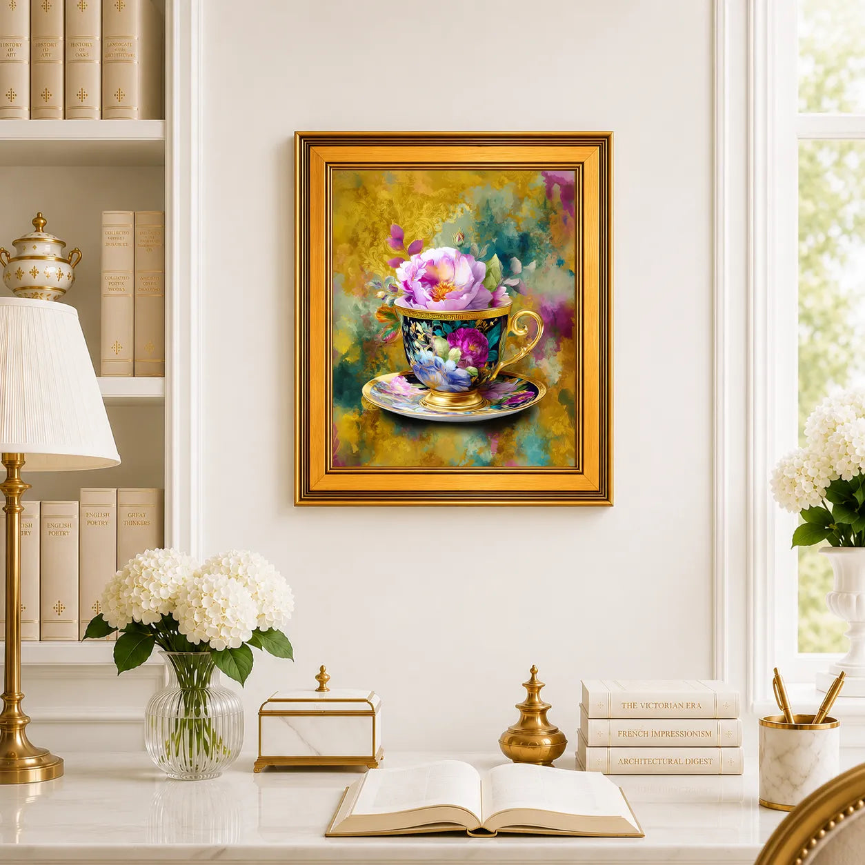 Grandmillennial Teacup in Jewel Reverie framed wall art displayed above a traditional desk with peonies, books, brass decor, and a burnished antique gold frame.