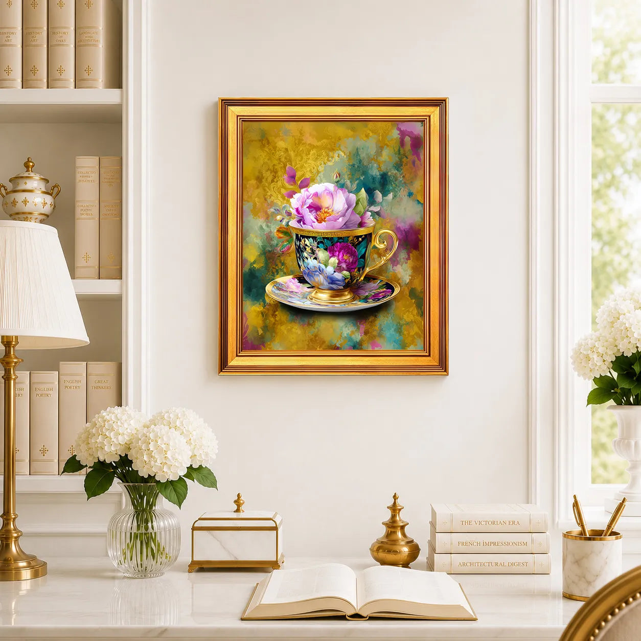 Grandmillennial Teacup in Jewel Reverie framed wall art displayed above a traditional desk with peonies, books, brass decor, and a burnished antique gold frame.
