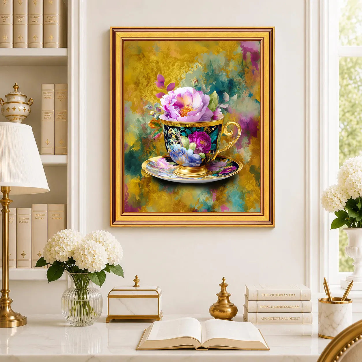 Large Grandmillennial Teacup in Jewel Reverie framed wall art displayed in a traditional study with peonies, antique books, brass accents, and a burnished antique gold frame.
