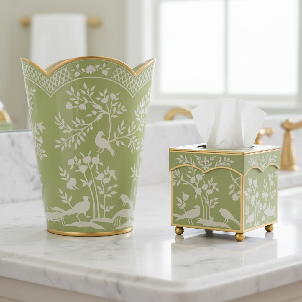 Green decorative trash can and tissue box with bird and floral pattern on a marble surface.