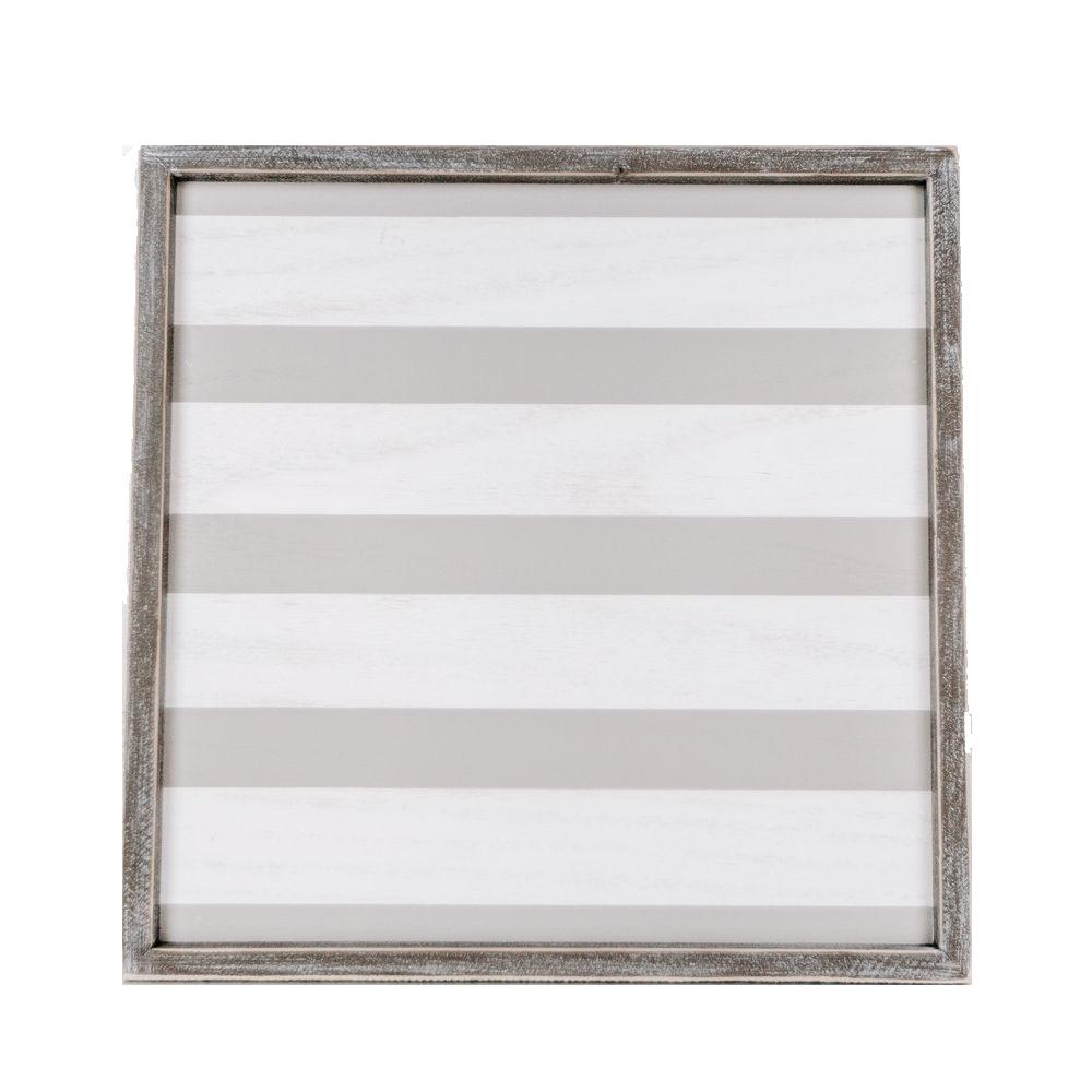 Decorative wooden charger tray with striped gray and white pattern on a white background