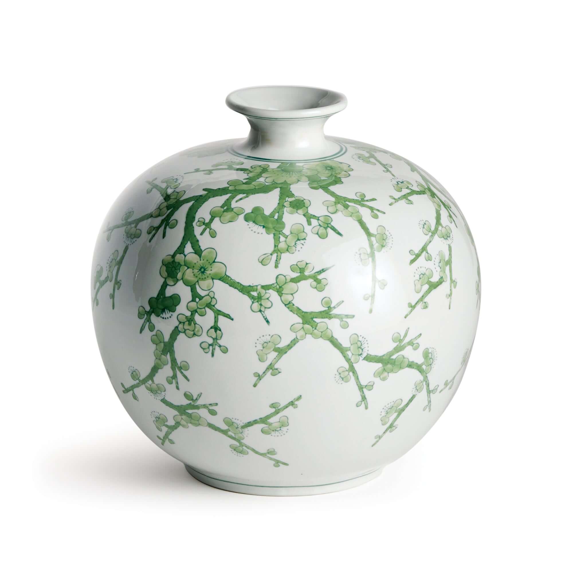 White vase with green floral patterns on a white background