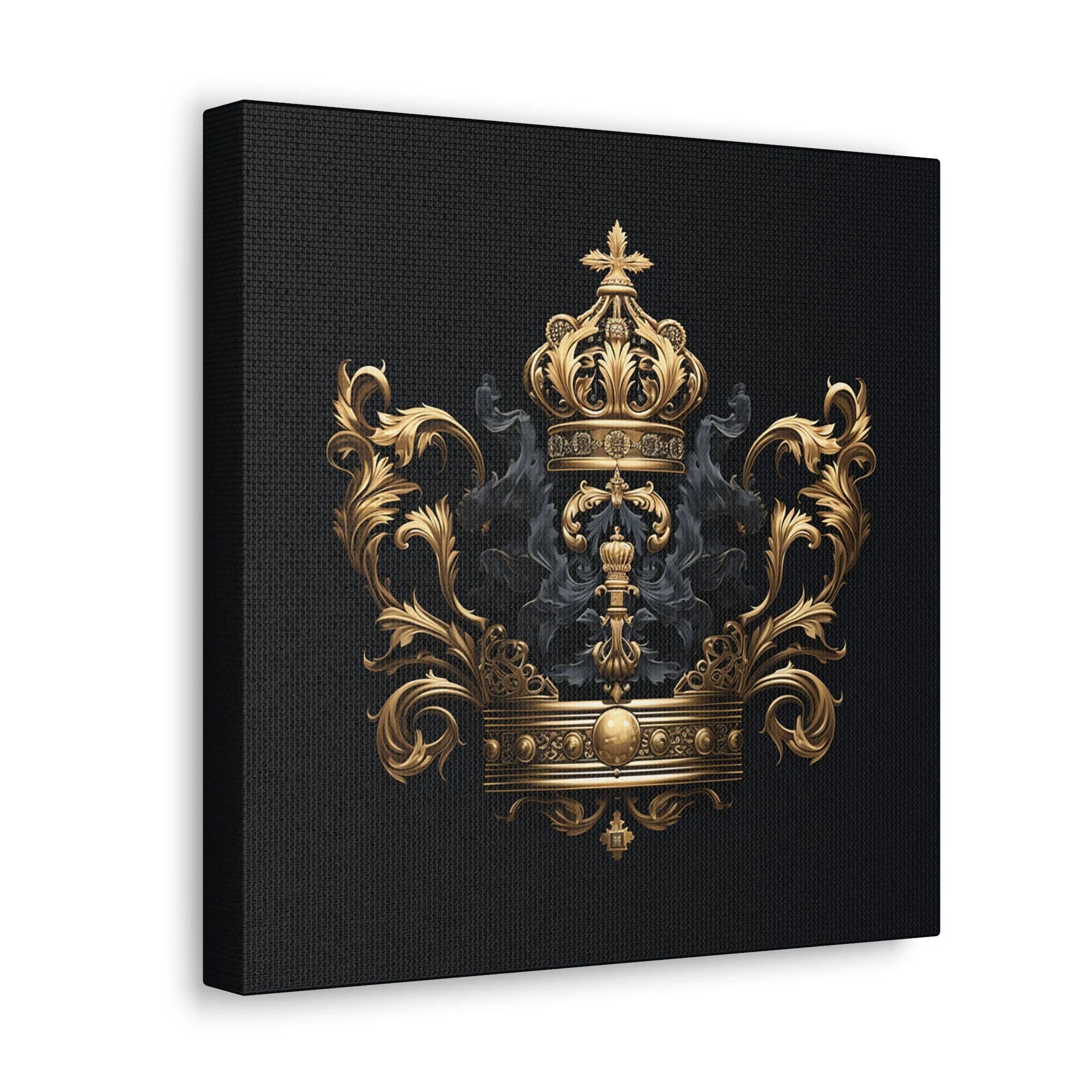 Side view of Imperial Gold Crown Emblem gallery-wrapped canvas featuring intricate gold baroque details on a deep black backdrop.