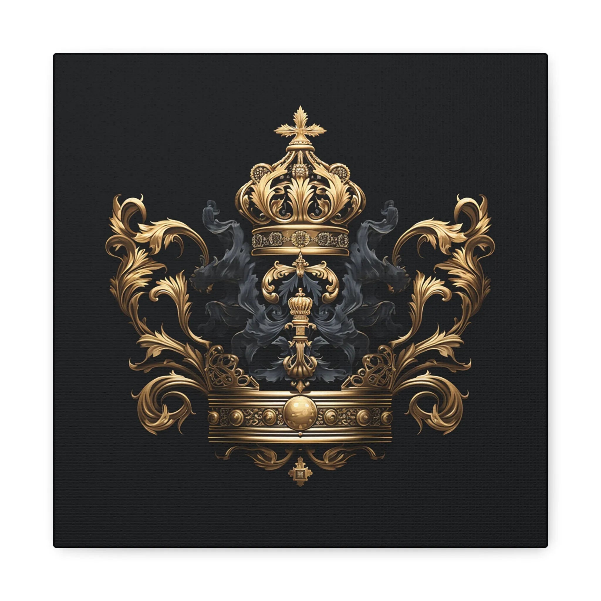 Imperial gold crown emblem on black background with ornate baroque scrollwork, luxury gallery-wrapped canvas wall art
