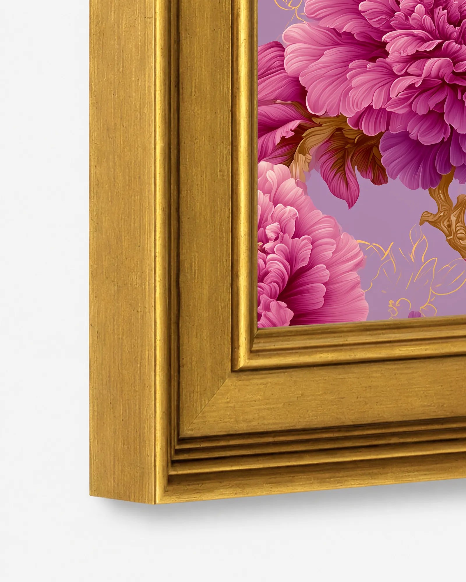 Close-up detail of the burnished antique gold wood frame used for Imperial Iris in Pink Peonies framed wall art, showing the profile, finish, and craftsmanship.